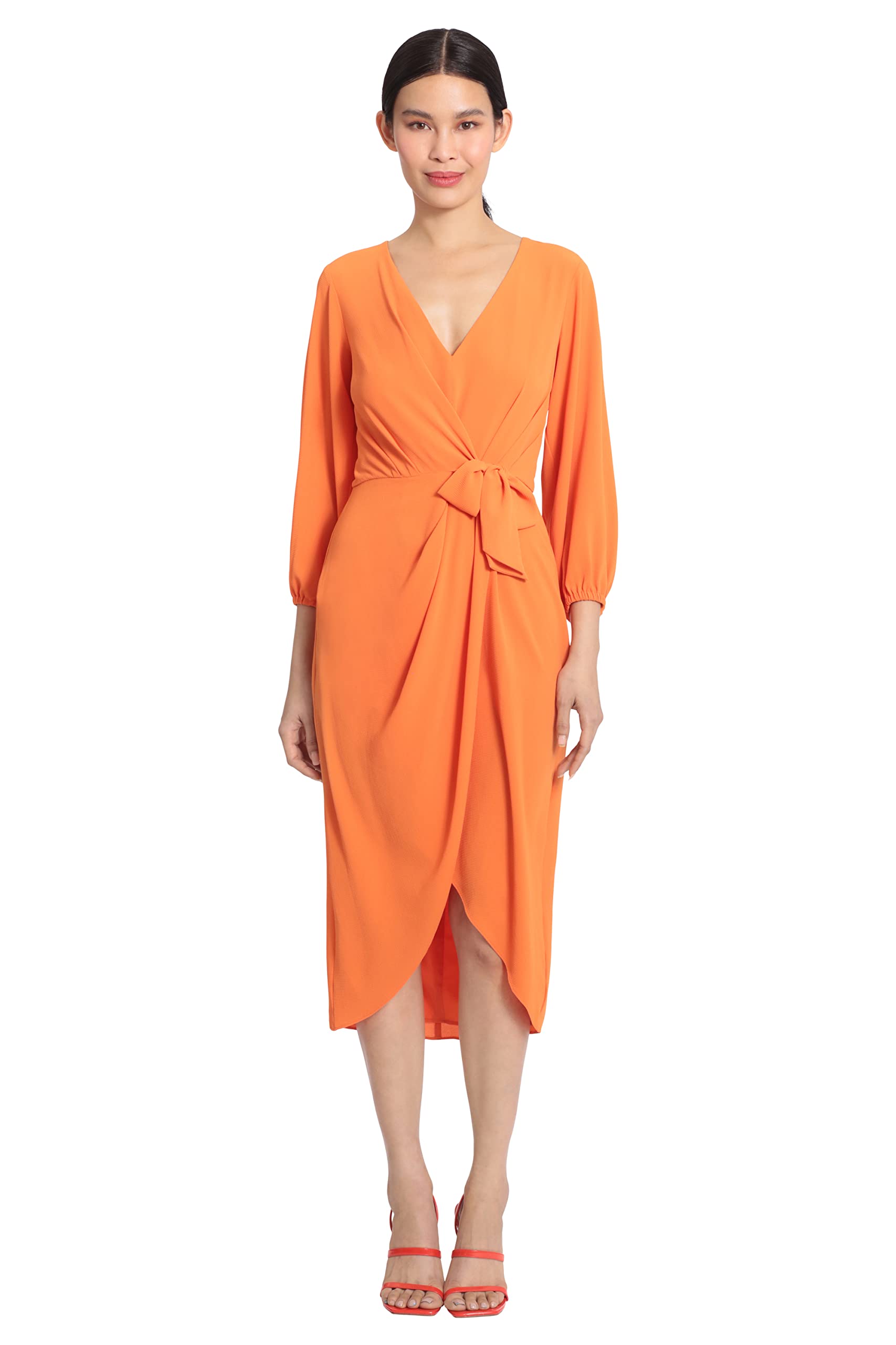 Maggy London Women's Long Sleeve V-Neck Faux Wrap Crepe Dress for Wedding Guest, Cocktail Party & Special Occasions - Elegant Formal Event Wear