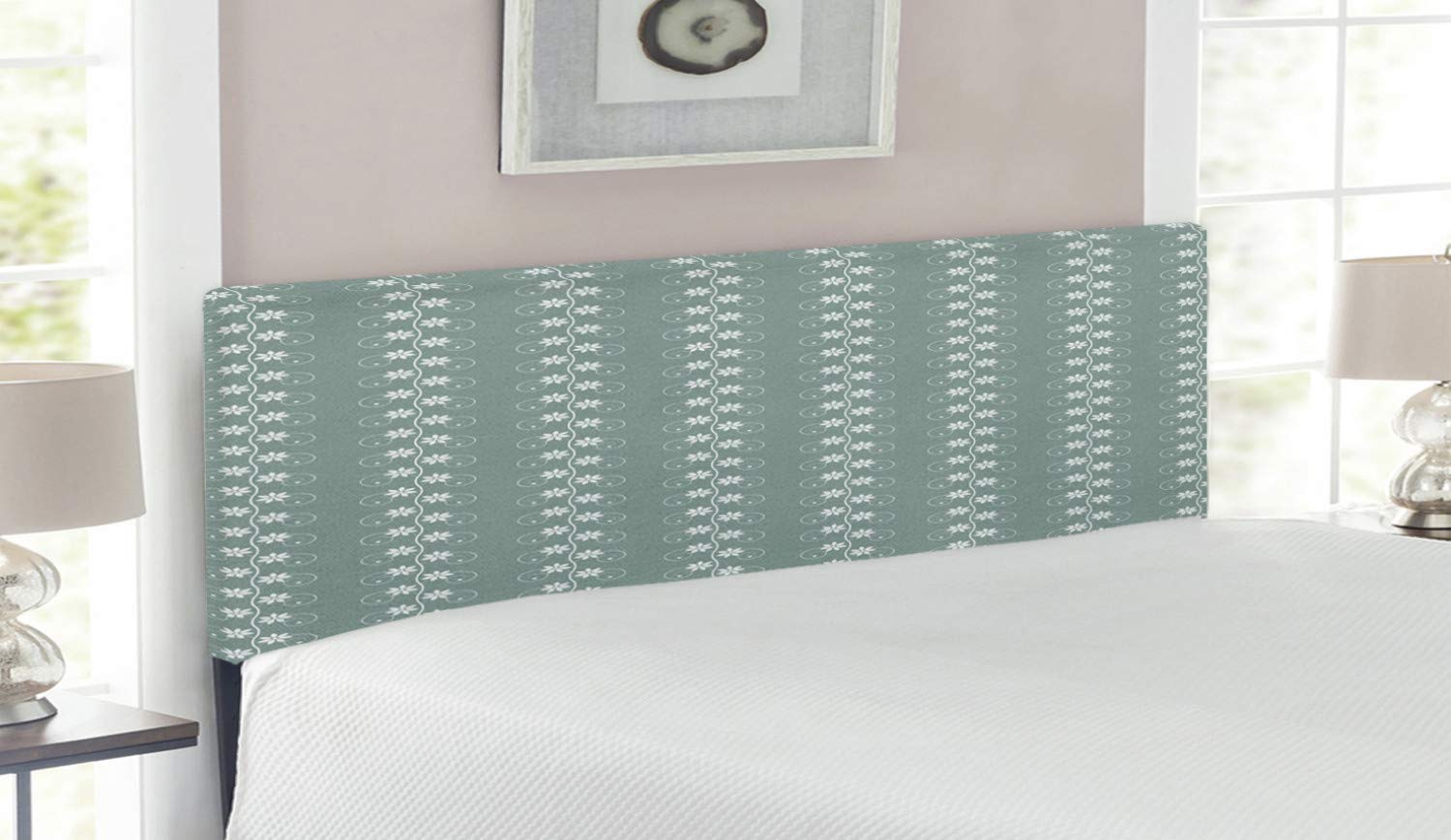 Ambesonne Queen Size Upholstered Headboard - Vintage Floral Rococo Lace Pattern, Memory Foam Cushioned Metal Bed Frame in Pale Sage Green & White | Perfect for Master Bedroom, Guest Room & Bohemian Home Decor