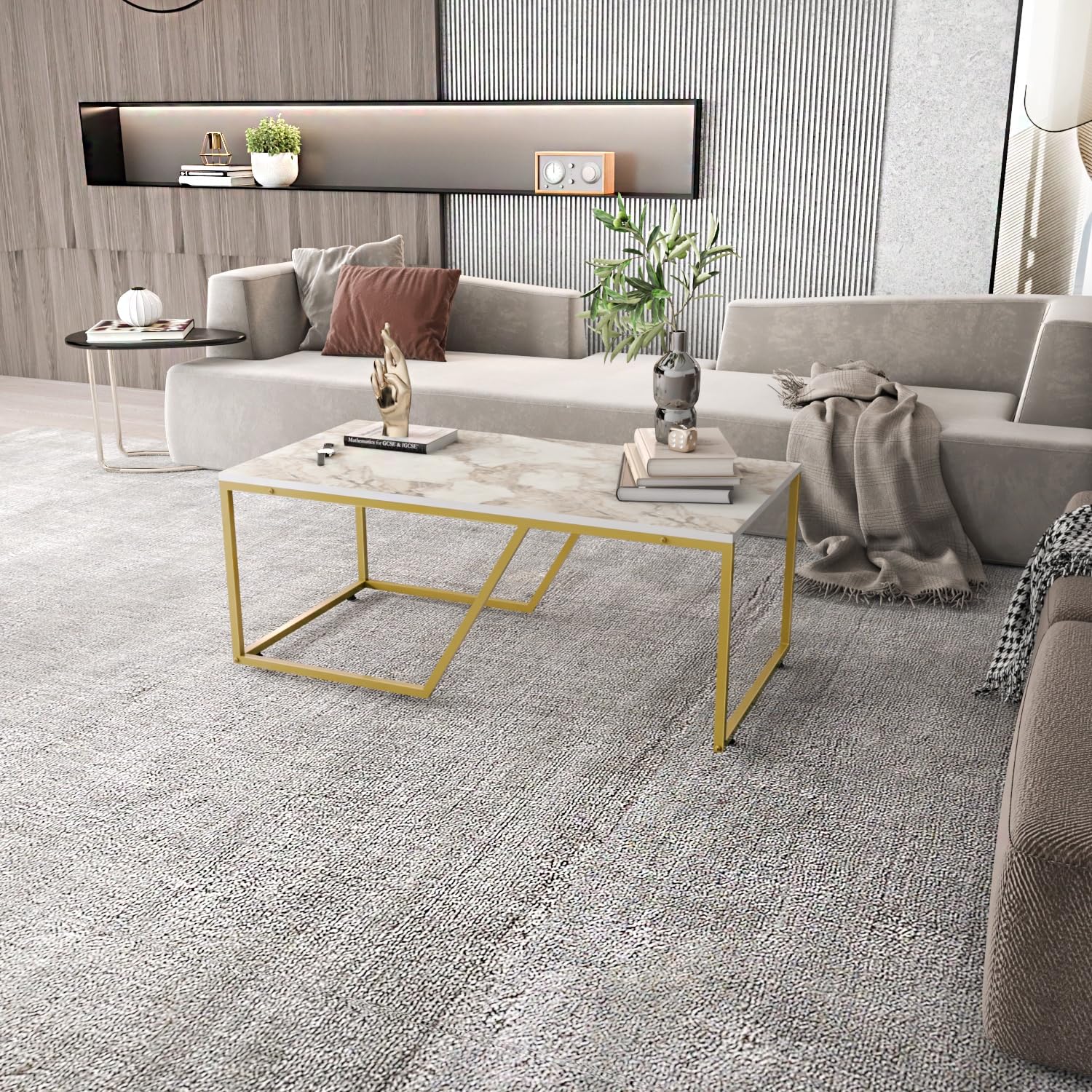 Wendy Gold Metal Leg Marble Top Coffee Table - Modern Cocktail Table for Living Room, Lounge & Office - Durable & Stylish Home Decor Furniture