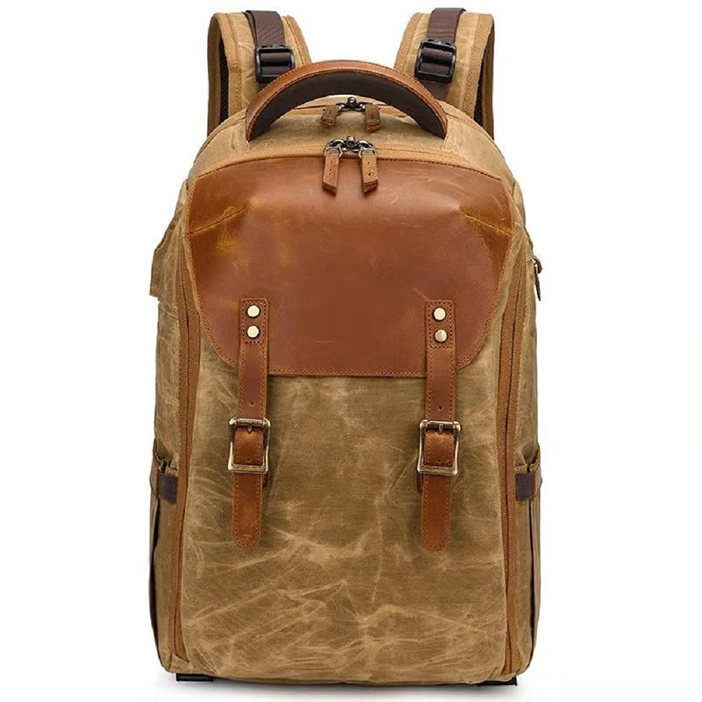 Allacki Waterproof Canvas SLR Camera Backpack - Shockproof DSLR Bag with Leather Accents for Photographers (Yellow) - Perfect for Outdoor Photography, Travel & Hiking