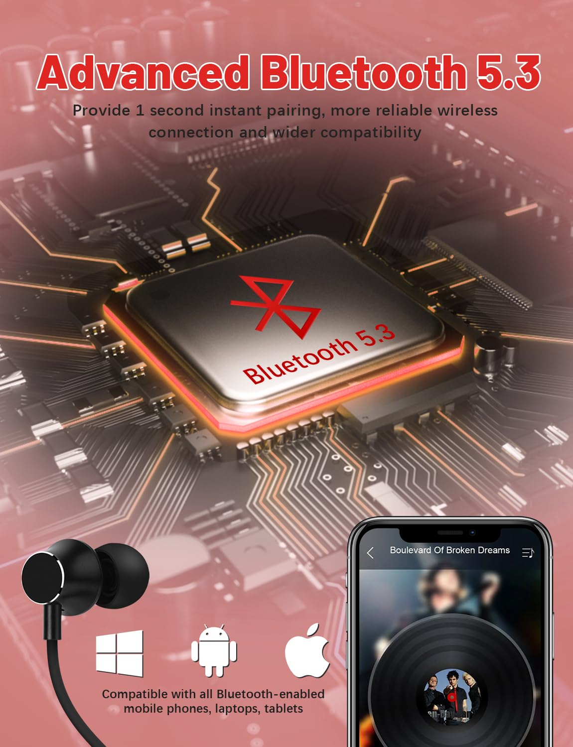 Wireless Bluetooth Neckband Headphones - 120H Playtime, Stereo Sound, Built-in Mic, IPX5 Waterproof - Comfortable In-Ear Design for Running, Gym, Workout & Office Use (Black)