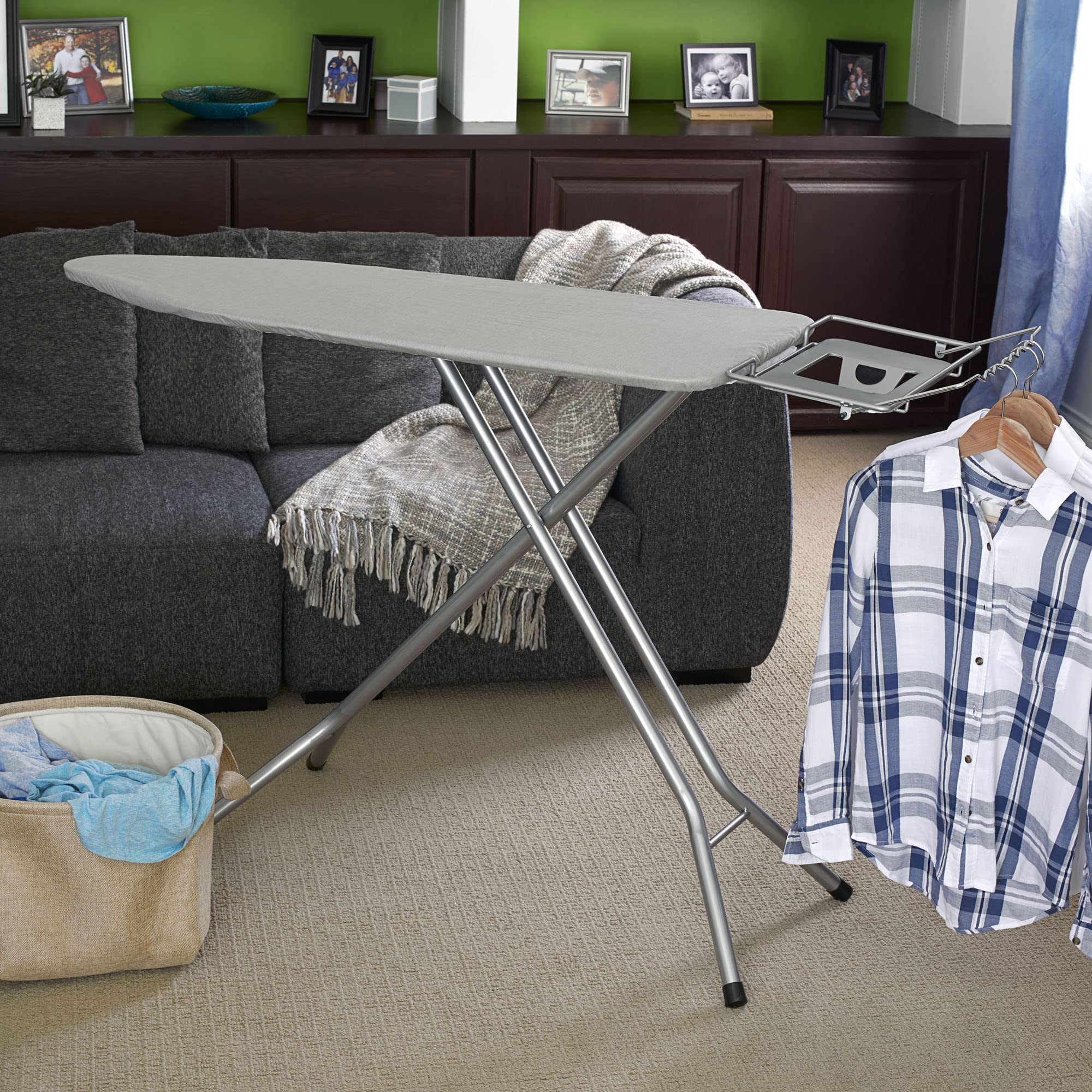 Wide Top Ironing Board with Steel Top & Fixed Iron Rest - 4-Leg Design, Fiber Pad, Scorch & Stain Resistant - Silver Frame & Silicone-Coated Cotton Cover - Perfect for Home Laundry, Sewing Projects & Professional Garment Care