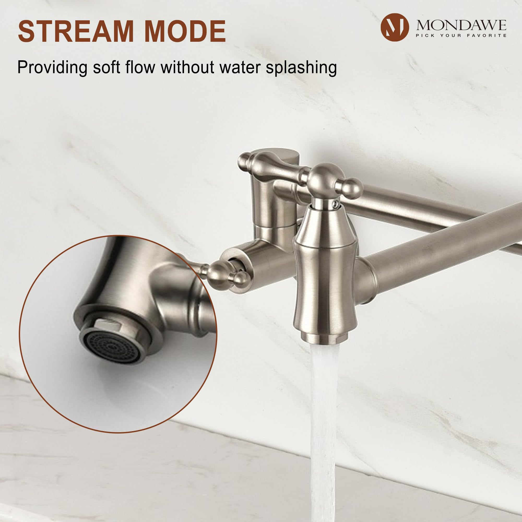 MONDAWE Brushed Nickel Pot Filler Faucet - Wall Mounted Brass Stove Faucet with 1.8 GPM Flow Rate & Double Joint Swing Arms - Lead-Free Retro Kitchen Faucet for Pasta & Cooking - Perfect for Over Stove Installation in Modern & Farmhouse Kitchens