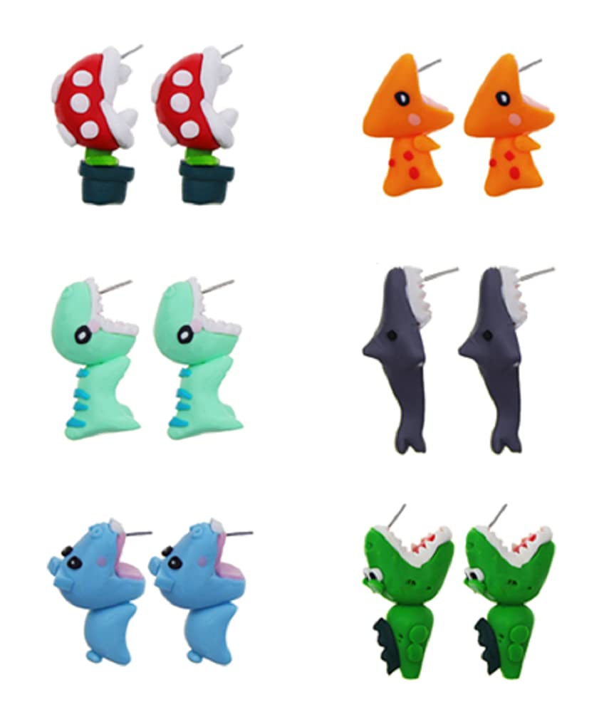 6 Pairs Cute 3D Animal Stud Earrings - Handmade Alloy Clay Dinosaur & Shark Earrings for Women | Perfect for Casual Wear, Parties & Gifts