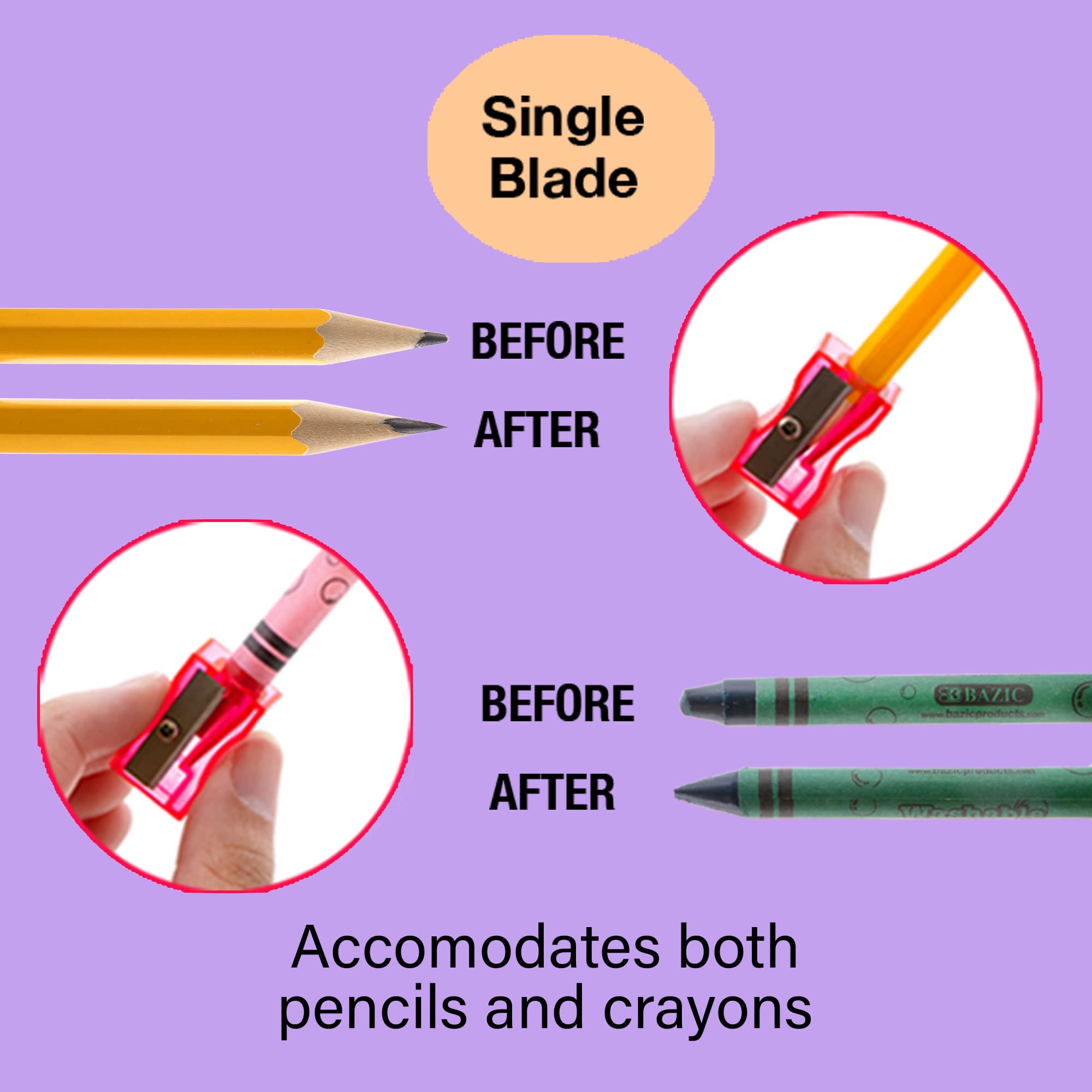 BAZIC Single Hole Pencil Sharpener - 24 Pack Standard Blade Sharpeners for School, Office & Art Supplies | Perfect for Pencils, Crayons & Colored Pencils | Classroom, Home & Drawing Use