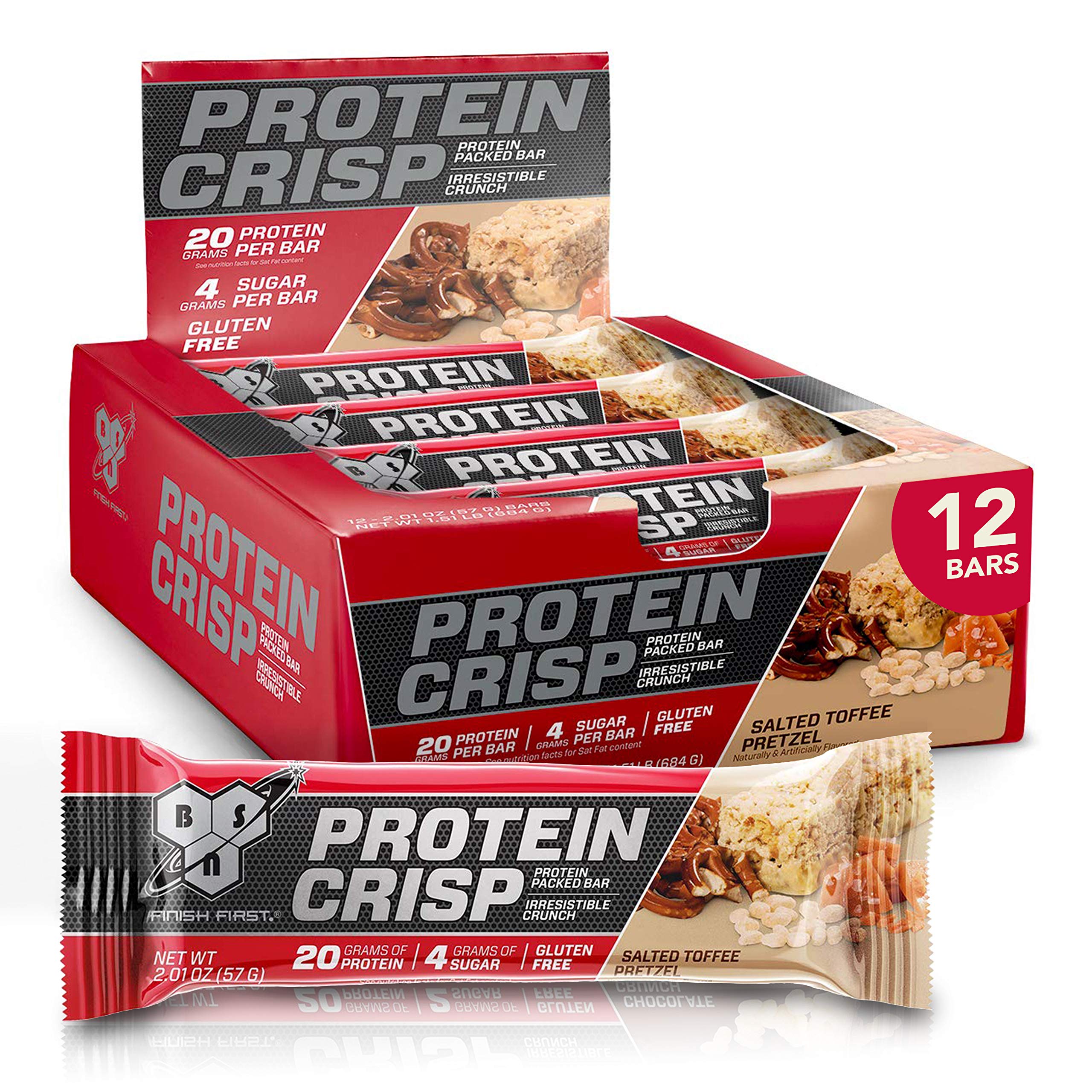 BSN Syntha-6 Protein Crisp Bars - 20g Whey Protein, Gluten Free, Low Sugar, Salted Toffee Pretzel Flavor (12 Count) - Perfect for Post-Workout Recovery, Healthy Snacking & On-the-Go Nutrition