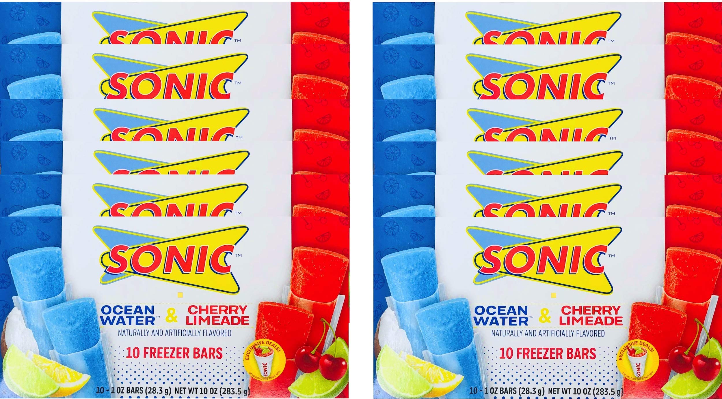 Sonic Freezer Bars Ocean Water & Cherry Limeade - Pack of 12 (10-1 oz Bars) | Refreshing Frozen Treats for Summer Parties, BBQs & Family Gatherings