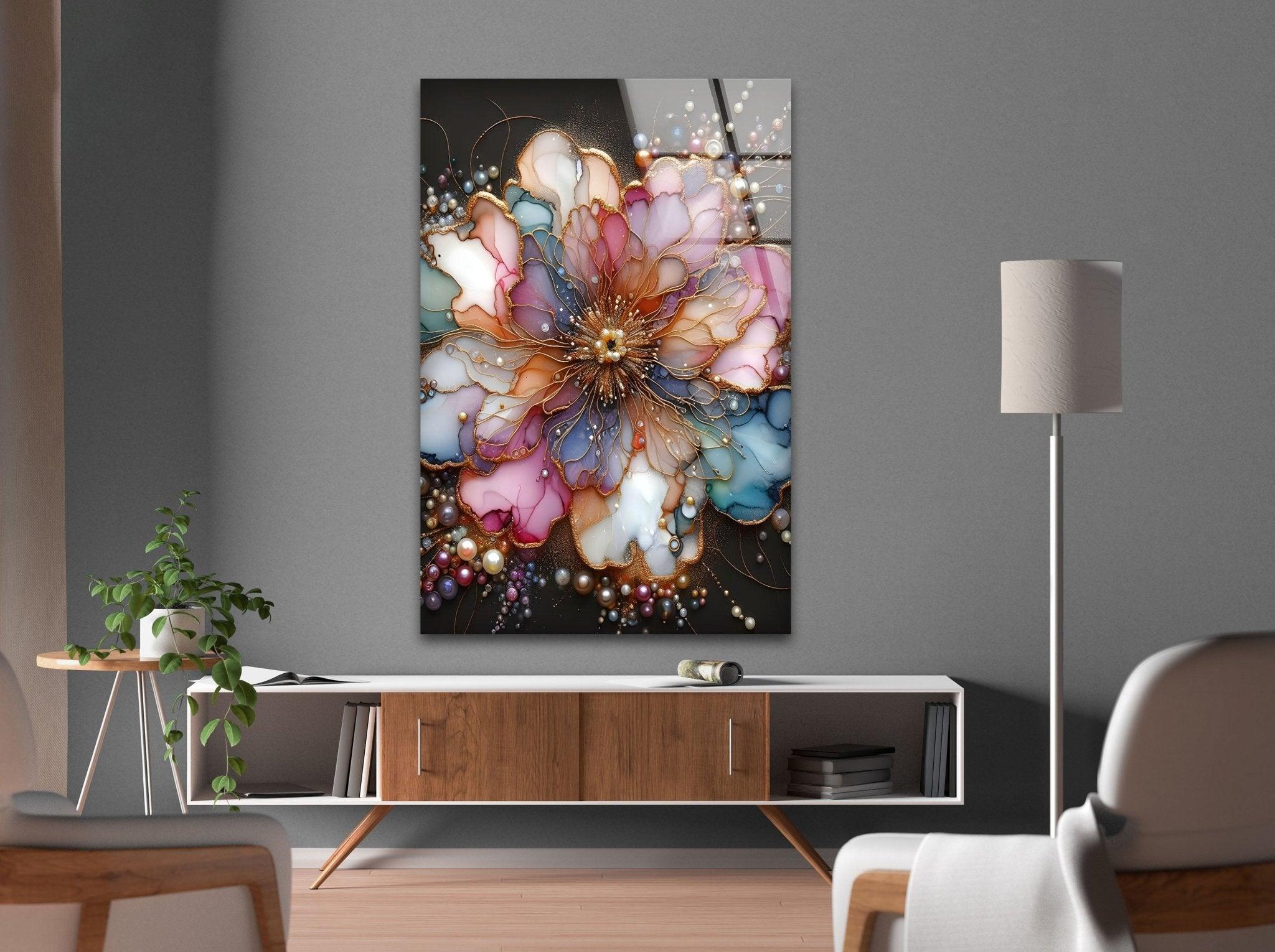 Abstract Floral Pearl Glass Wall Art - Elegant Home Decor for Living Room, Bedroom & Office - Perfect Gift for Housewarming & Wedding