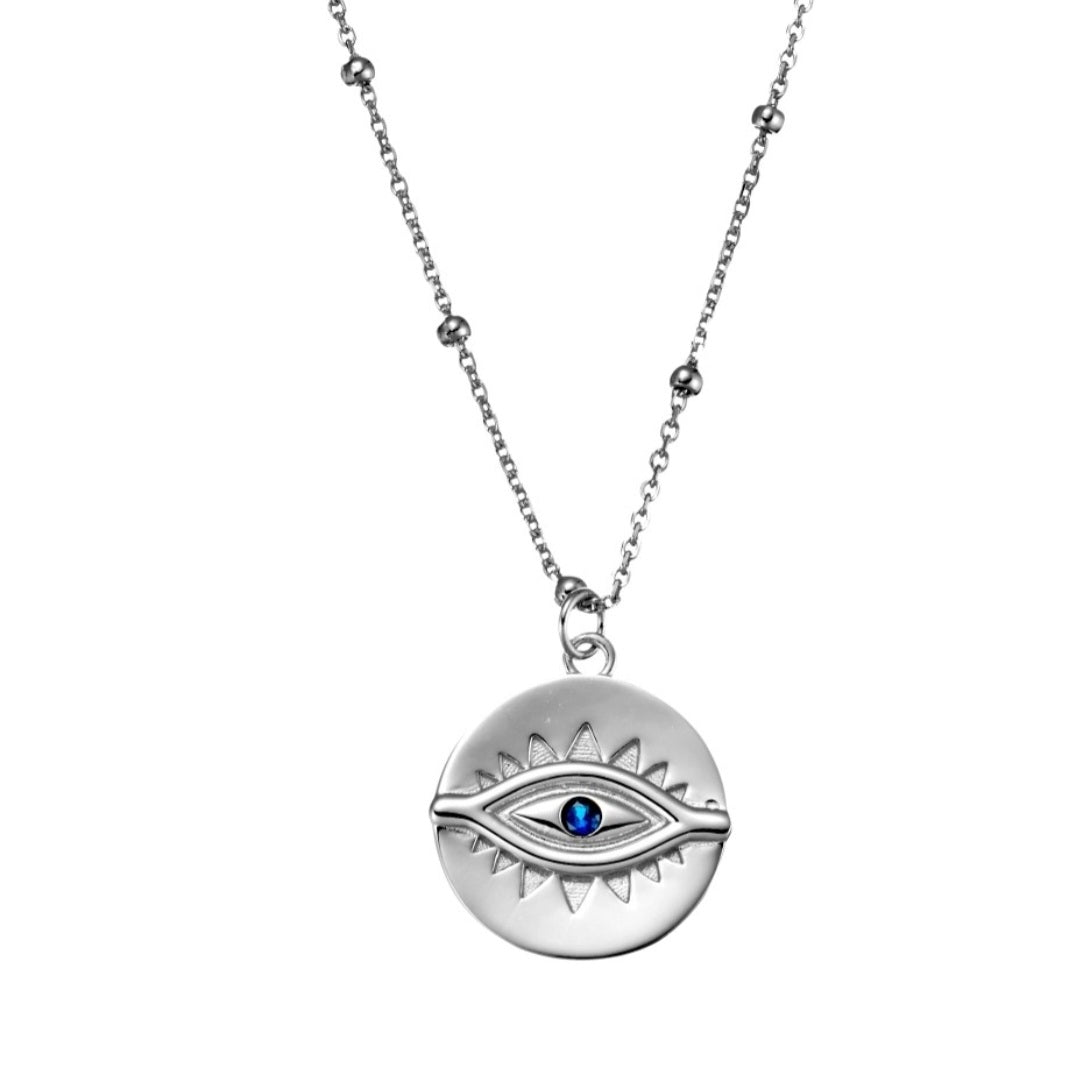 Delphi Evil Eye Necklace for Women - Silver Large Pendant Protection Jewelry - Perfect for Gifts, Spiritual Healing & Everyday Wear