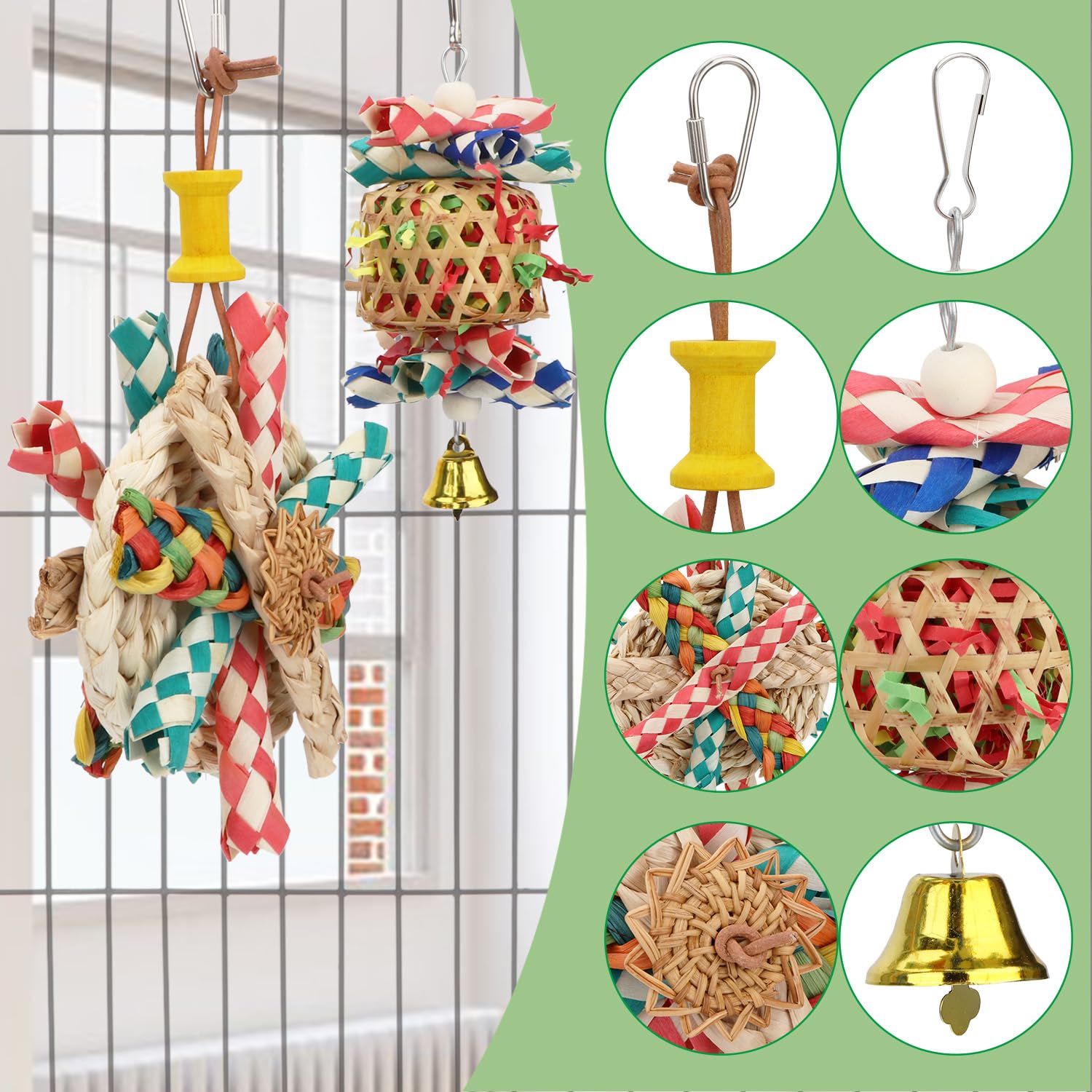 Natural Seagrass Woven Foraging Basket with Bell - Bird Chewing Toys for Parrots, Cockatiels, Sun Parakeets, Budgies & Lovebirds (2-Piece Set: Bite Cake + Woven Basket) - Perfect for Cage Enrichment & Mental Stimulation