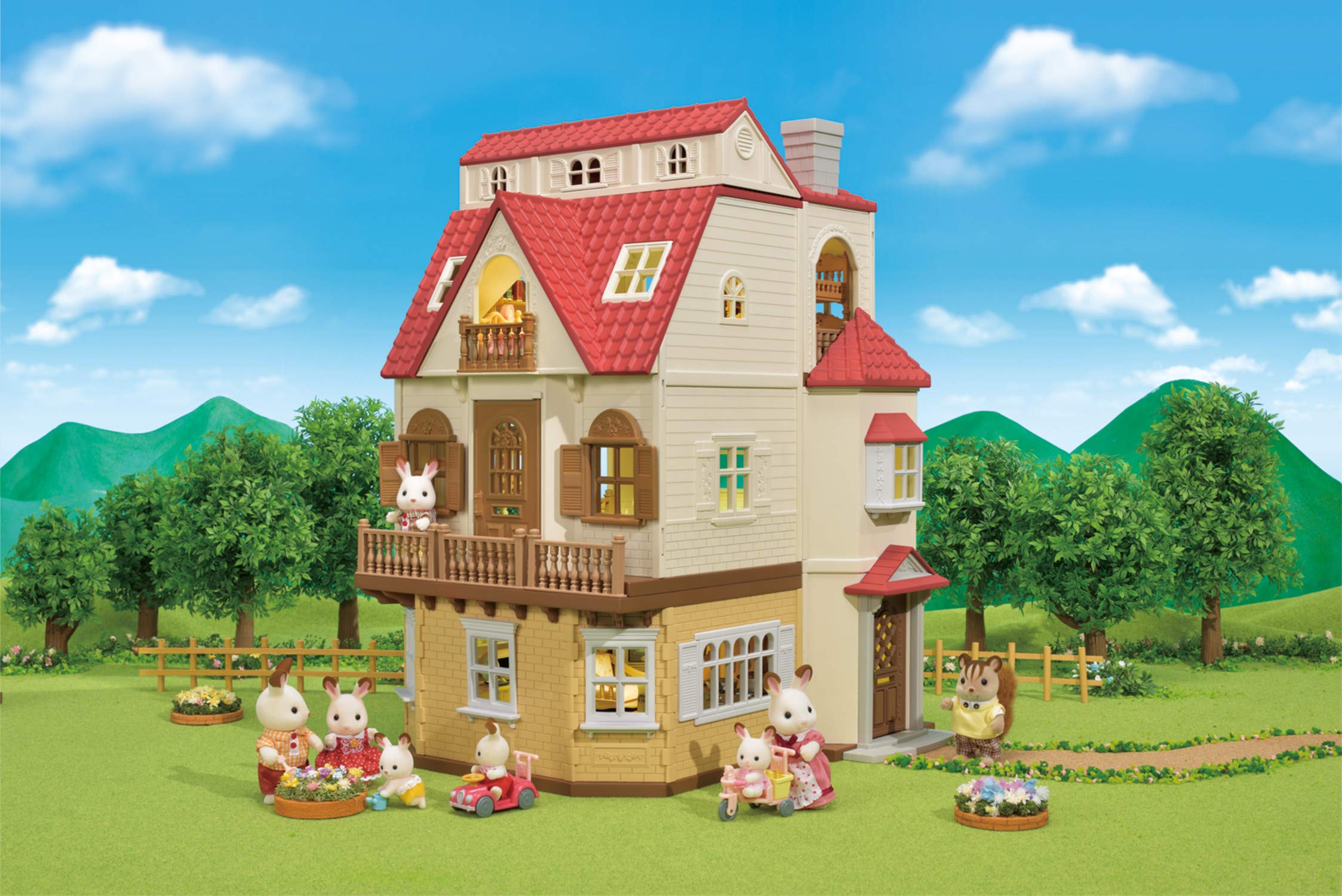 Calico Critters Red Roof Grand Mansion Dollhouse Playset - 3 Figures, Furniture, Vehicle & Accessories | Perfect Gift for Kids & Collectors | Pretend Play, Room Decor & Display