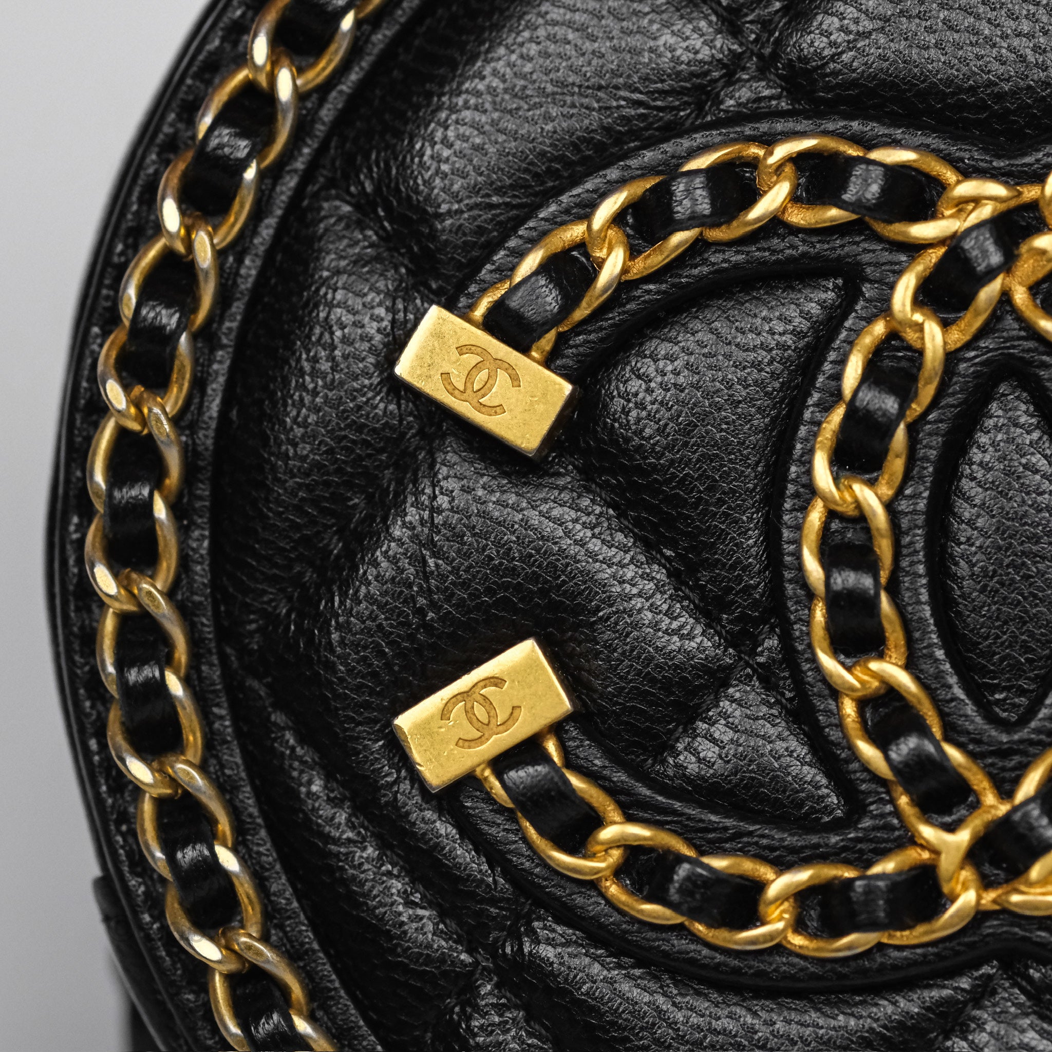 Chanel Black Lambskin Chained Round Filigree Clutch with Gold Hardware - Elegant Evening Bag for Parties, Weddings & Special Occasions