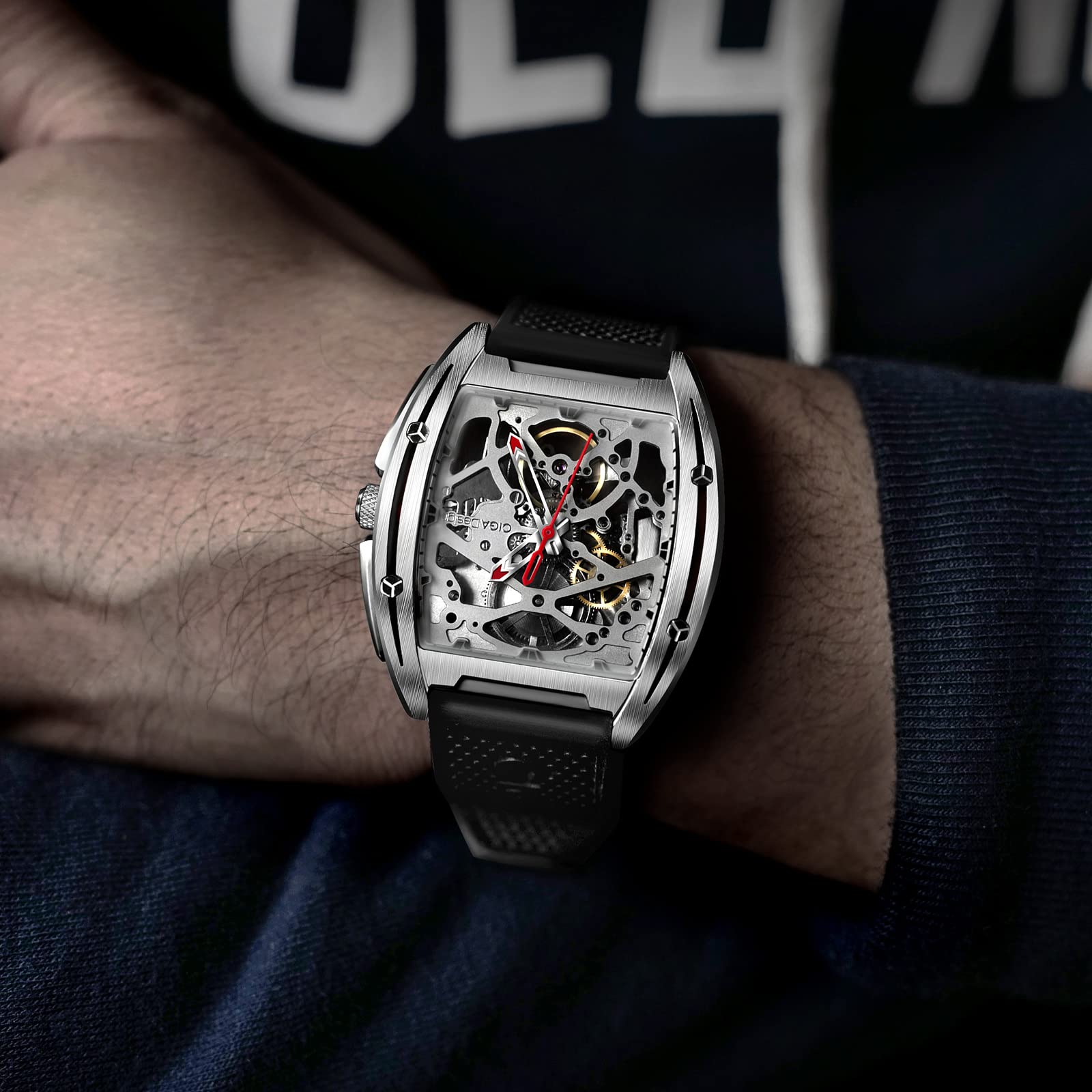 CIGA Design Z Series Automatic Skeleton Watch - Luxury Tonneau Mechanical Wristwatch with Leather & Silicone Strap, Stainless Steel Case, Waterproof Dress Watch for Men & Women | Perfect for Business, Formal Events & Gift Giving