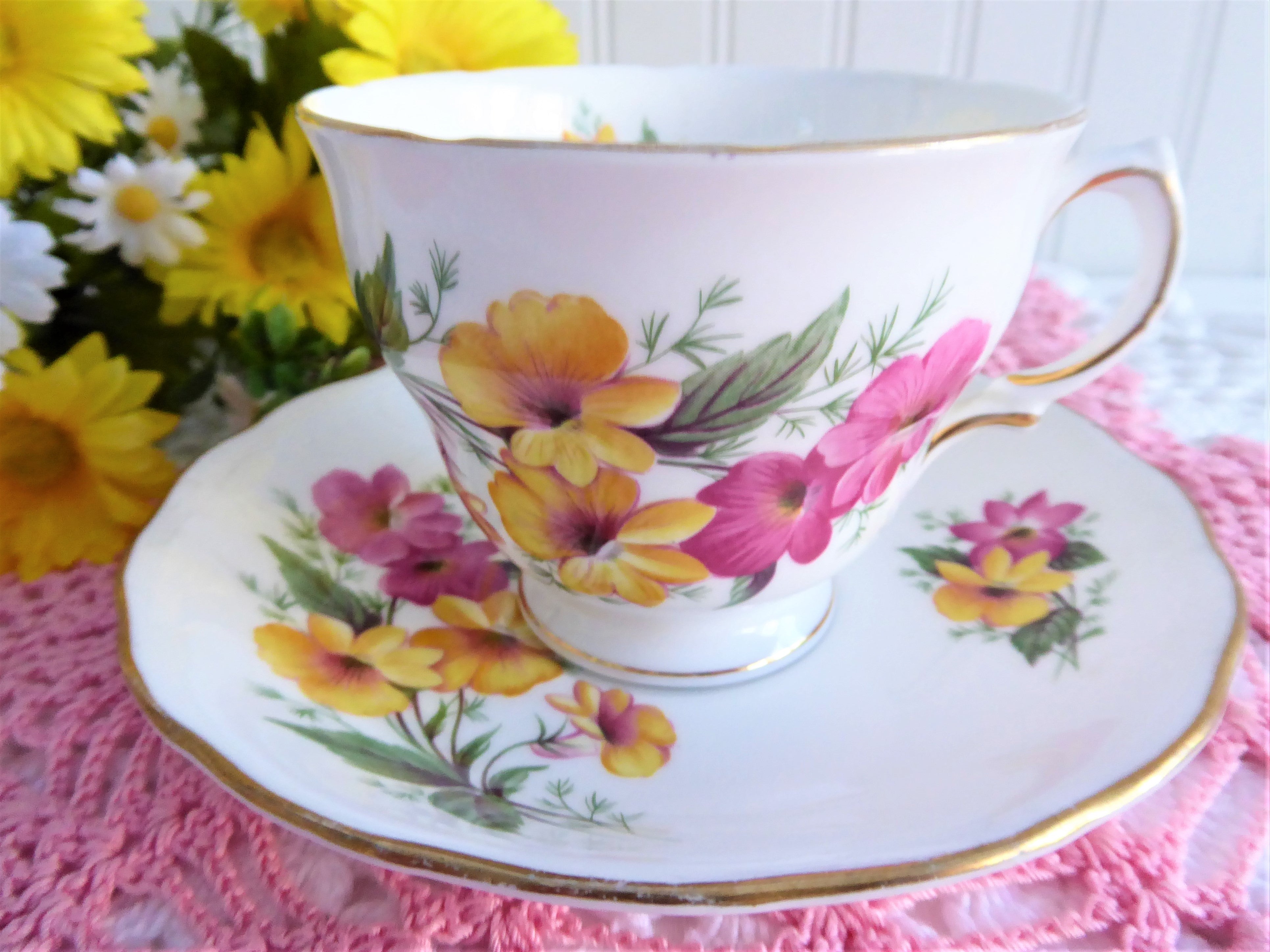 Vintage 1950s English Teacup and Saucer Set - Colclough Pink & Yellow Floral Porcelain - Perfect for Afternoon Tea, Collecting, and Home Decor