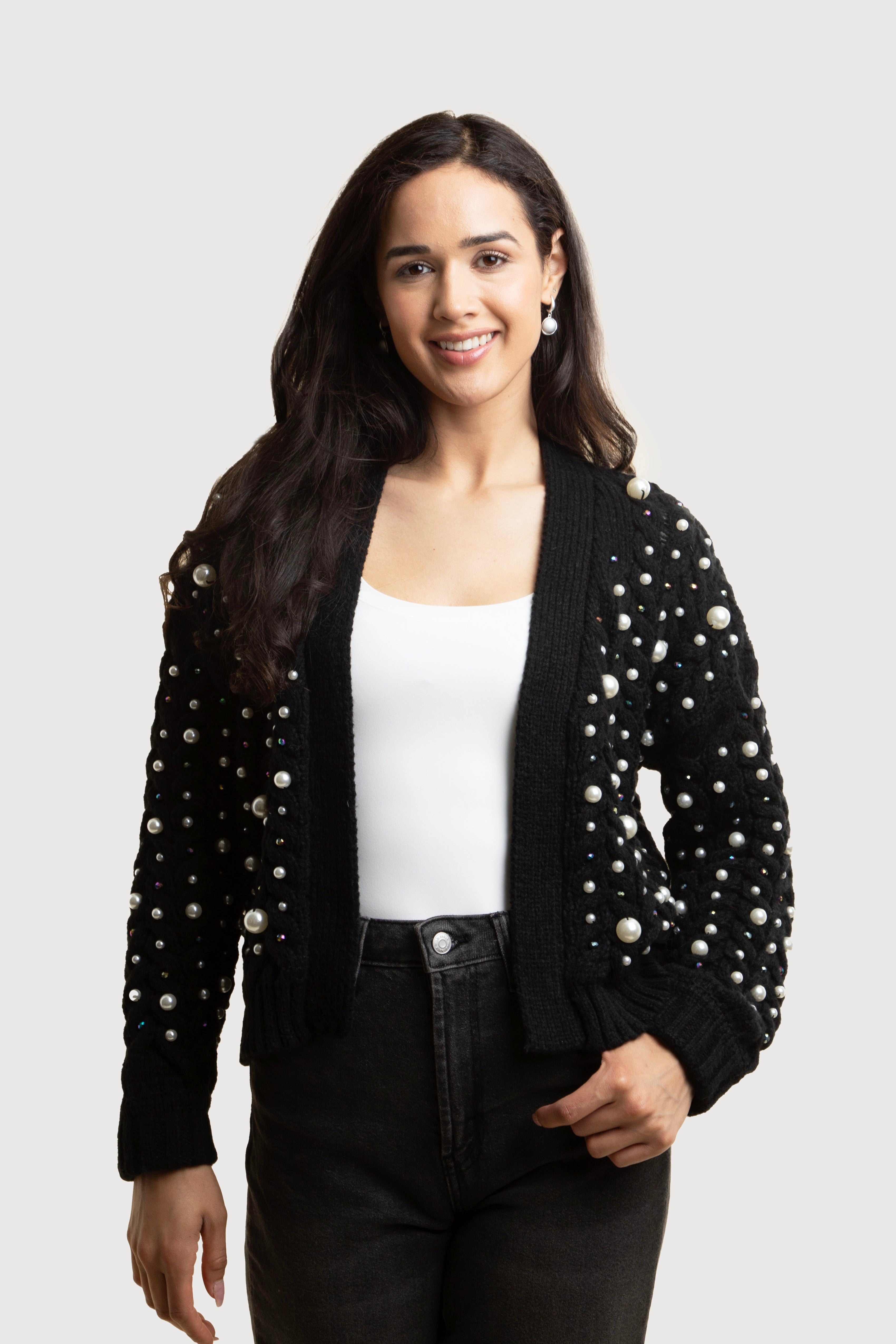 Elegant Holiday Cardigan with Pearl Knit Details - Perfect for Christmas Parties & Cozy Winter Evenings