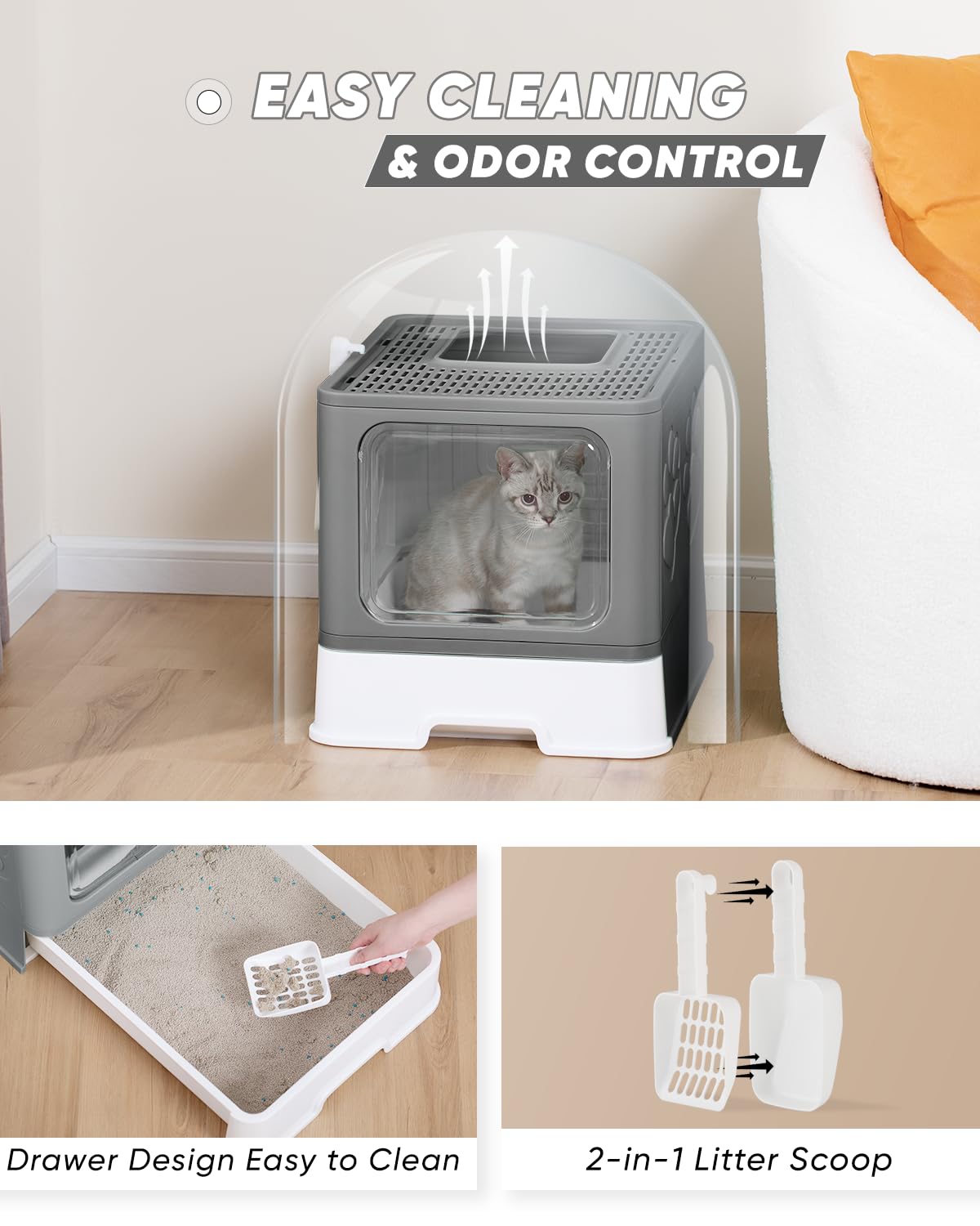 Enclosed Cat Litter Box for Large Cats - Odor Control Covered Kitty Litter Box with Lid & Scoop, Top Entry Design, Easy to Clean (Grey) - Perfect for Home, Apartment & Multi-Cat Households
