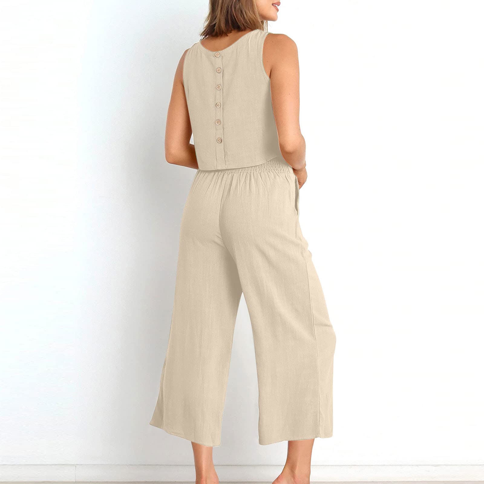 Women's 2-Piece Summer Outfit - Linen Crop Top & High Waist Wide Leg Capri Pants Lounge Set | Casual Beachwear, Vacation Outfits, Boho Chic Matching Sets for Women