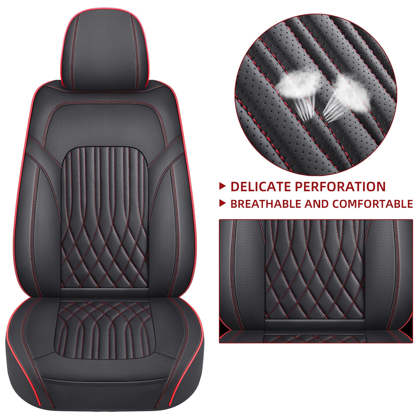 Premium Faux Leather Car Seat Covers Full Set - Universal Fit for Most Sedans & SUVs | Super Breathable, Full Wrapping Edge with Storage Bags | Red & Black | Perfect for Daily Commute, Road Trips & Family Travel