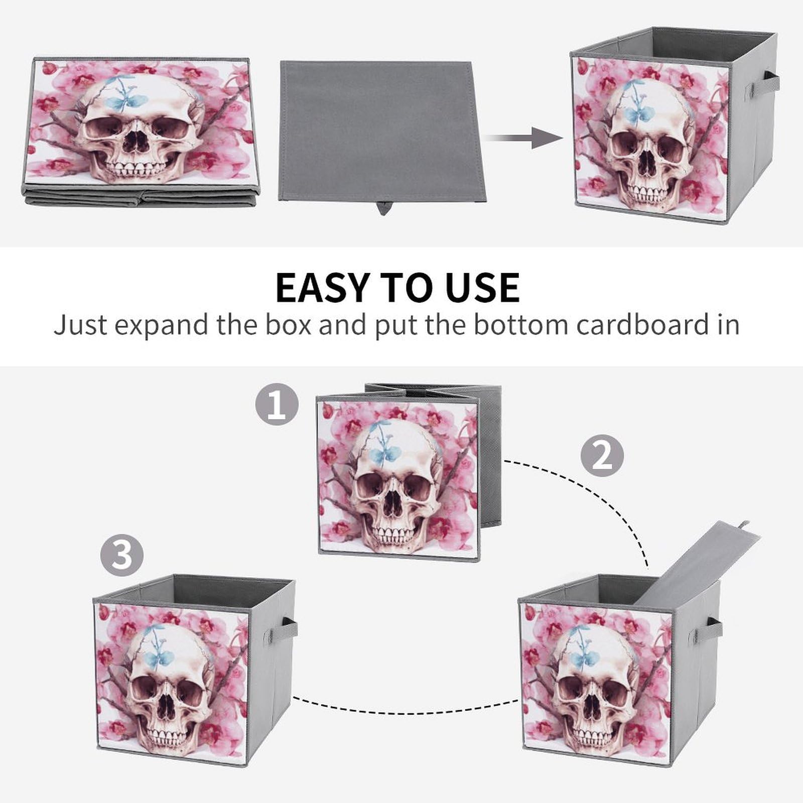 6PCS Collapsible Storage Bins with Handles - Skull & Pink Floral Printed Foldable Organizer Boxes for Home, Closet, Office & Shelf Organization | Space Saving Storage Solutions for Toys, Books & Household Items