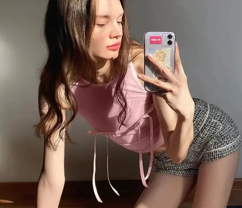 3D Bow Knot Baby Pink Mesh Sheer Sexy Crop Top for Women - Y2K Coquette Soft Girl Summer Tank Top - Trendy 2023 Fashion (P85 AC10) | Perfect for Beach Outings, Music Festivals & Streetwear Looks