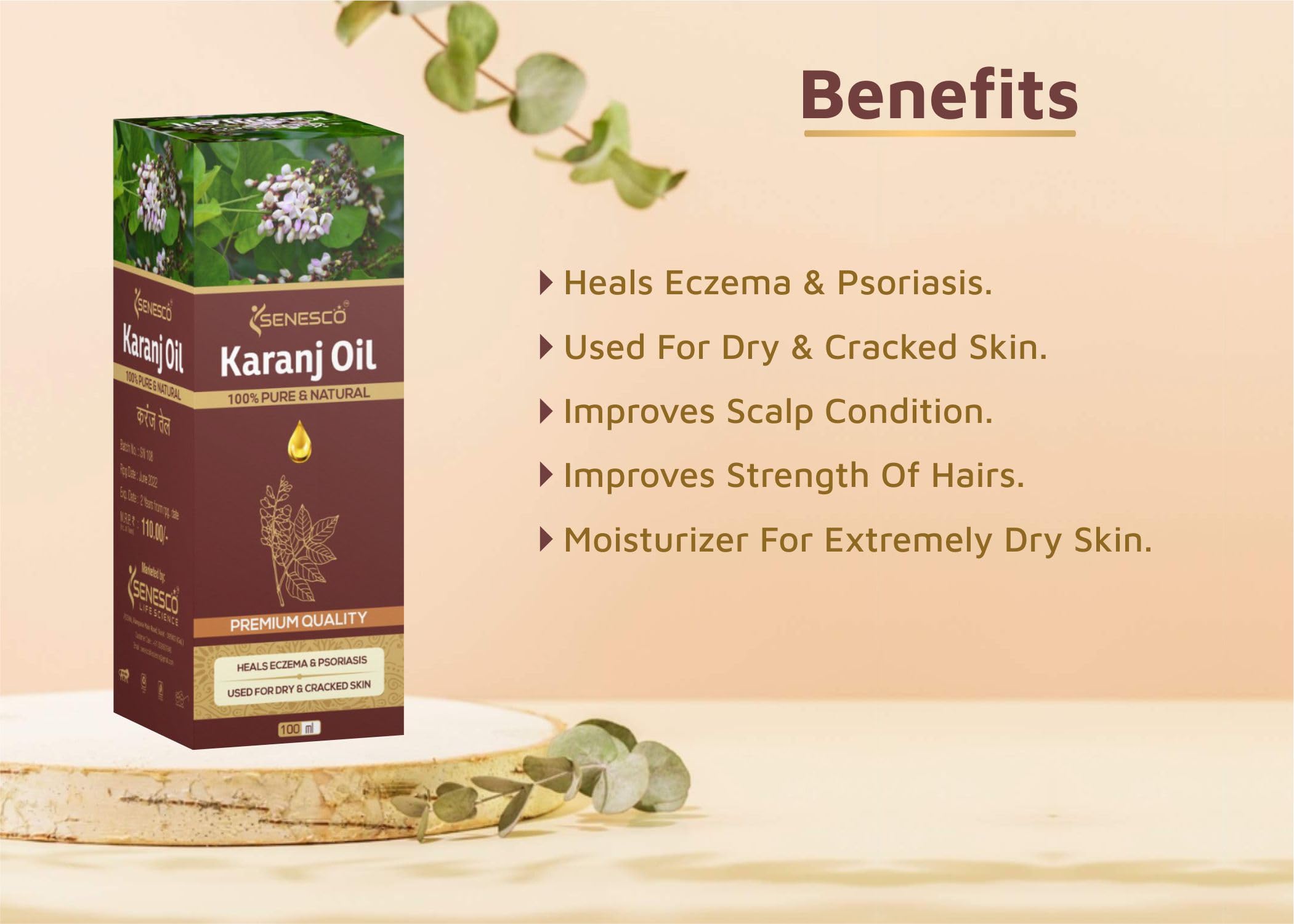 Pure Organic Karanj Oil for Skin & Hair Care - Cold Pressed, Natural Moisturizer & Scalp Treatment - Ideal for Dry Skin, Dandruff & Hair Growth - SENESCO