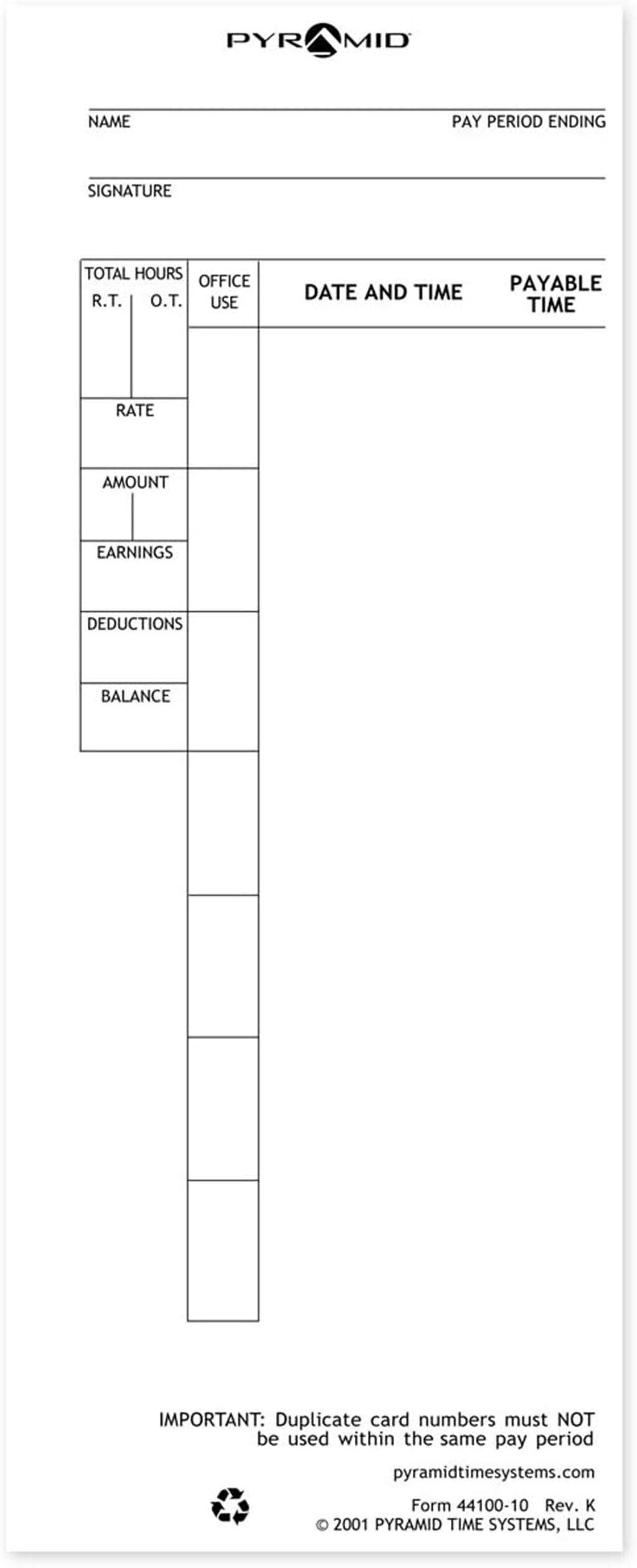 Genuine Pyramid Time Systems 44100-10FMB French Time Cards - 1,000 Count Pack for 4000, 4000PRO, 4000PROK & 5000 Series Time Clocks | Perfect for Office Attendance Tracking & Employee Time Management