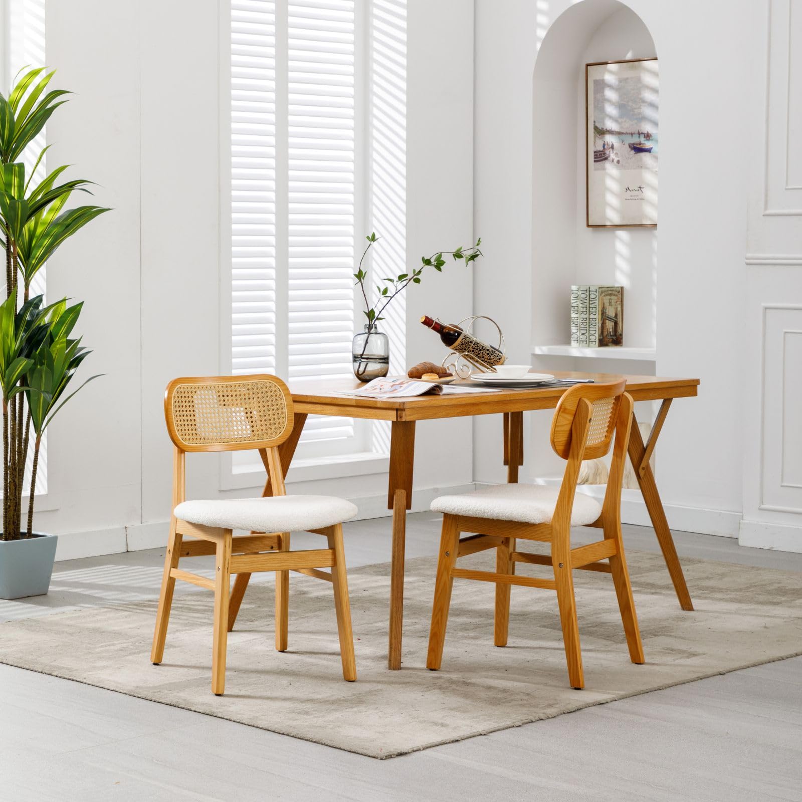 2 Pack White Lambswool Rattan Dining Chairs - Natural Wooden Farmhouse Kitchen Side Chairs for Dining Room, Breakfast Nook & Outdoor Patio