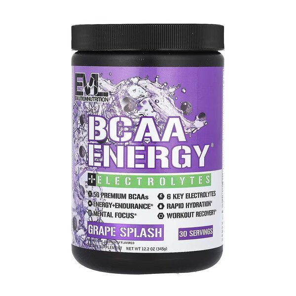 EVLution Nutrition BCAA Energy + Electrolytes Powder - Grape Splash Flavor 345g for Workout Recovery & Hydration | Pre & Post Workout Supplement for Athletes & Fitness Enthusiasts