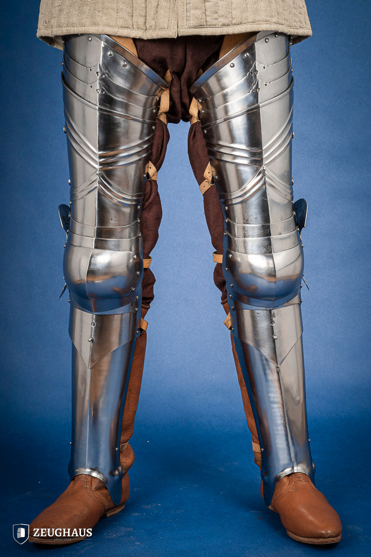 15th Century German Full Leg Armor - 1.2mm Polished Steel - Medieval Knight Costume & LARP Accessory for Renaissance Fairs, Cosplay, and Historical Reenactments