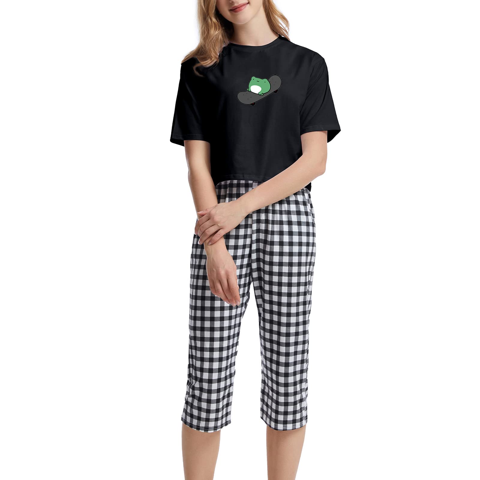 Skateboarding Frog Women's Cotton Pajama Set - Soft Loungewear Sleepwear with Crop T-Shirt & Plaid Capri Pants (Black) | Perfect for Sleepovers, Relaxing at Home & Cozy Nights