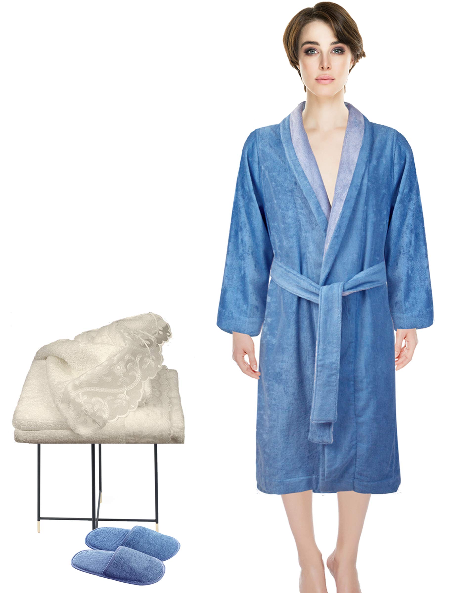 Armani International Classique Lounge Robe & Slippers Set with Laced Hand Towel - European Crafted Luxury Loungewear for Spa, Hotel & Home Relaxation