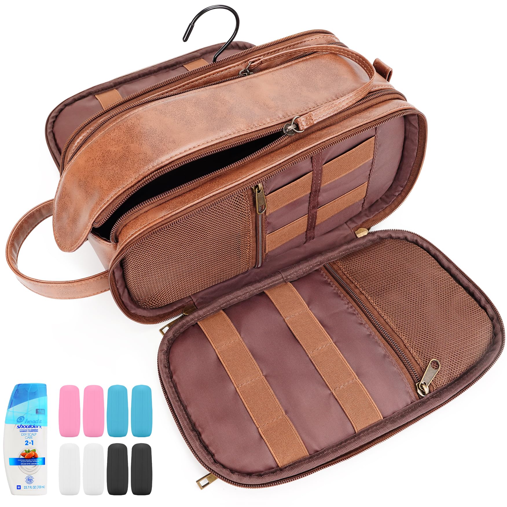 Premium Men's Travel Toiletry Bag - Large Hanging Water-resistant Organizer with PU Leather | Cruise Ship Essentials, Shaving Kit & Cosmetic Dopp Kit (Brown) | Perfect for Business Trips, Camping & Gym Use