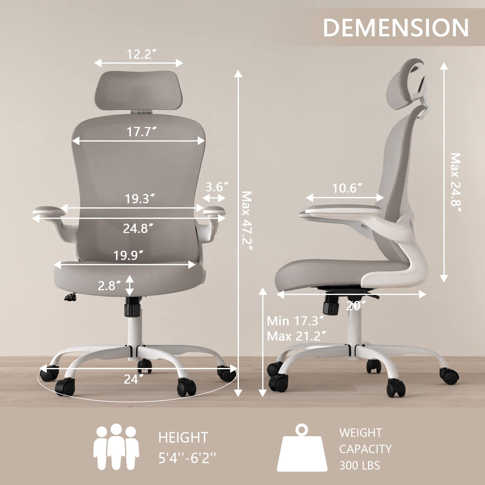Ergonomic High Back Office Chair with Adjustable Lumbar Support & Headrest - Breathable Mesh Desk Chair, Swivel Task Chair with Flip-Up Armrests - Perfect for Home Office & Executive Workspaces