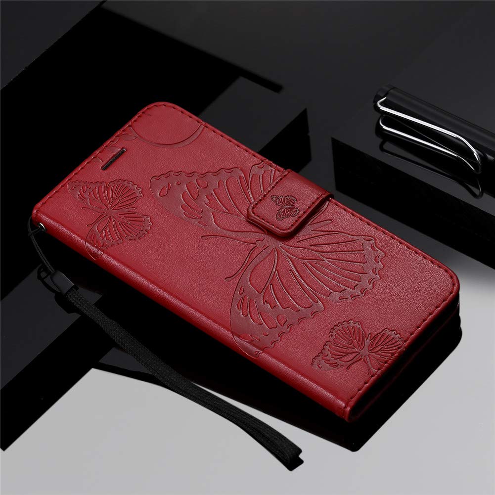 Samsung Galaxy A21S Case - Butterfly Embossed Magnetic Clasp Wallet Cover with Hand Strap | Slim Protective Phone Case for Women | Perfect for Daily Use, Travel & Work (Red)