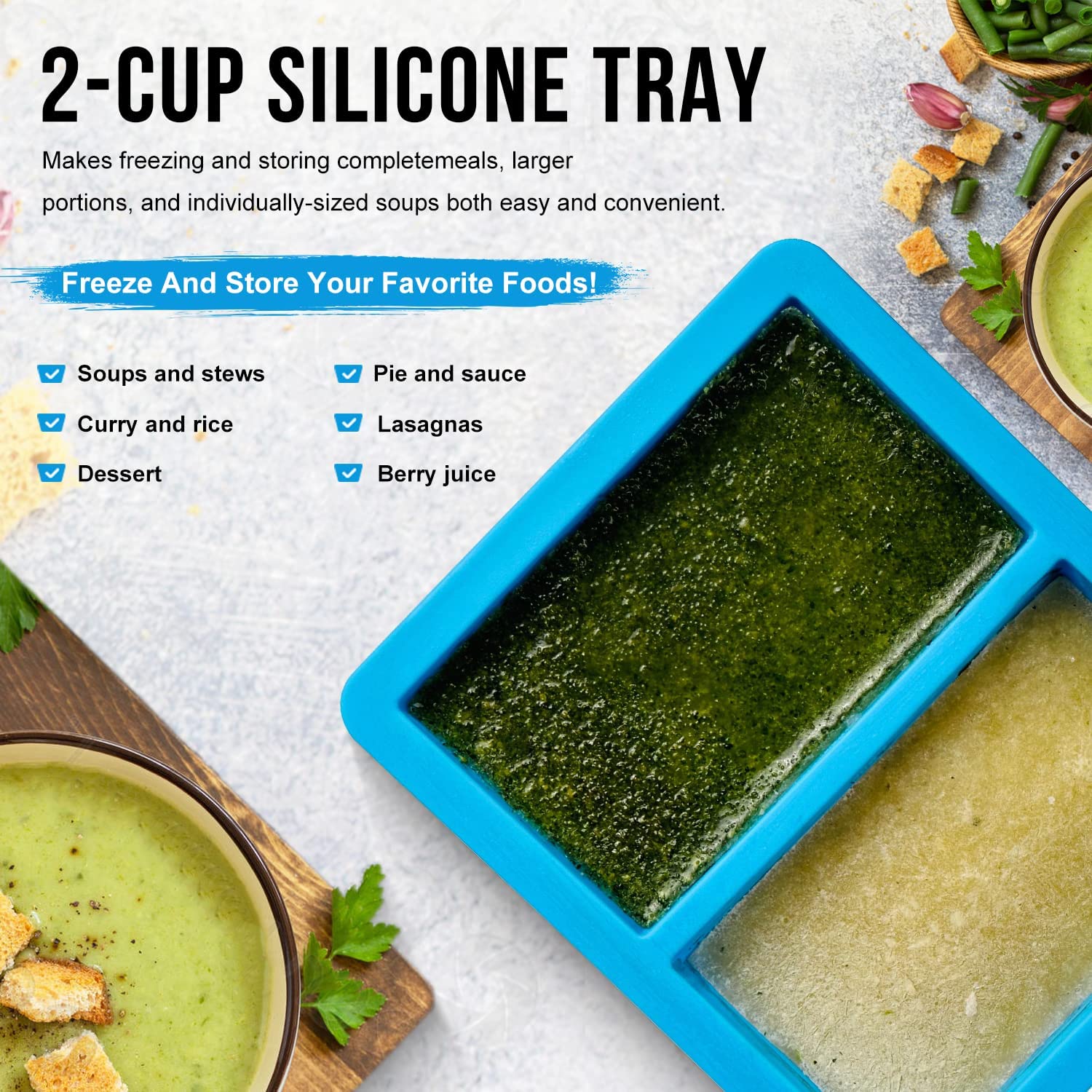Walfos 4-Piece Extra Large Silicone Soup Freezer Containers with Lids - 1-Cup Capacity for Storing Soup, Broth, Sauce & Ice - BPA-Free Freezing Trays Perfect for Meal Prep, Leftovers & Batch Cooking