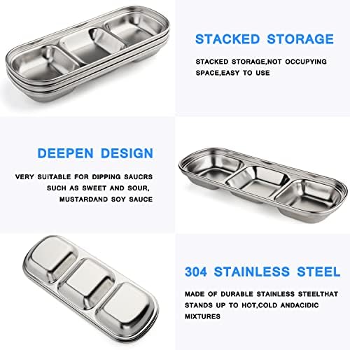 3-Piece Stainless Steel Divided Sauce Bowls - 3 Grid Dipping Dishes for Soy Sauce, Ketchup, Seasoning & Sushi | Perfect for Restaurants, Sushi Bars, Home Kitchens & Party Platters