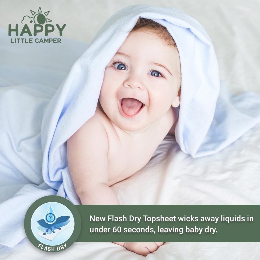 Happy Little Camper Size 6 Ultra-Absorbent Baby Diapers - Hypoallergenic, Chlorine-Free & Unscented Disposable Diapers for Sensitive Skin - 102 Count - Perfect for Overnight Protection, Daycare & Travel