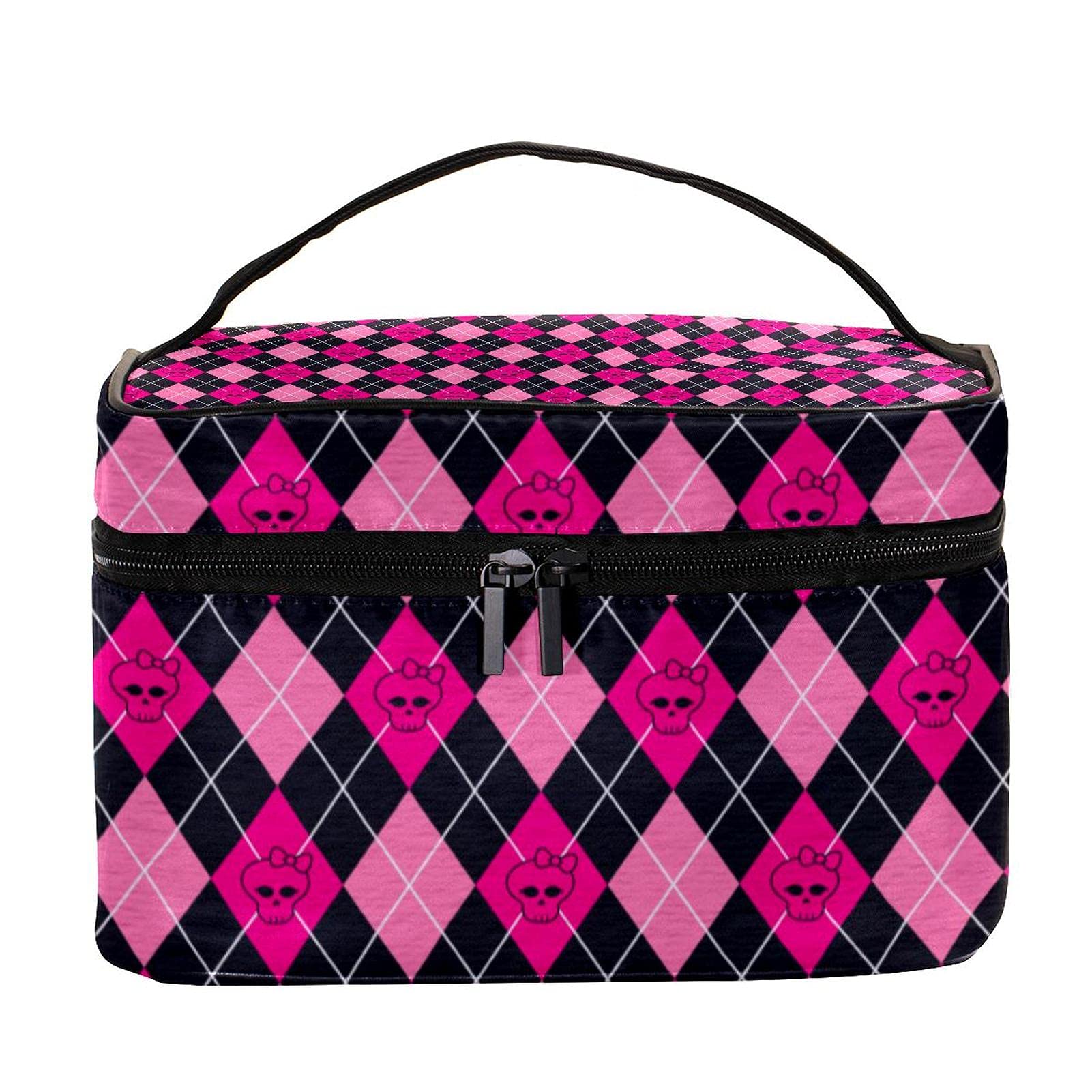 Stylish Pink Skull & Geometric Print Large Travel Makeup Bag - Waterproof Cosmetic Organizer with Zipper for Women & Girls | Perfect for Vacation, Gym, Daily Use