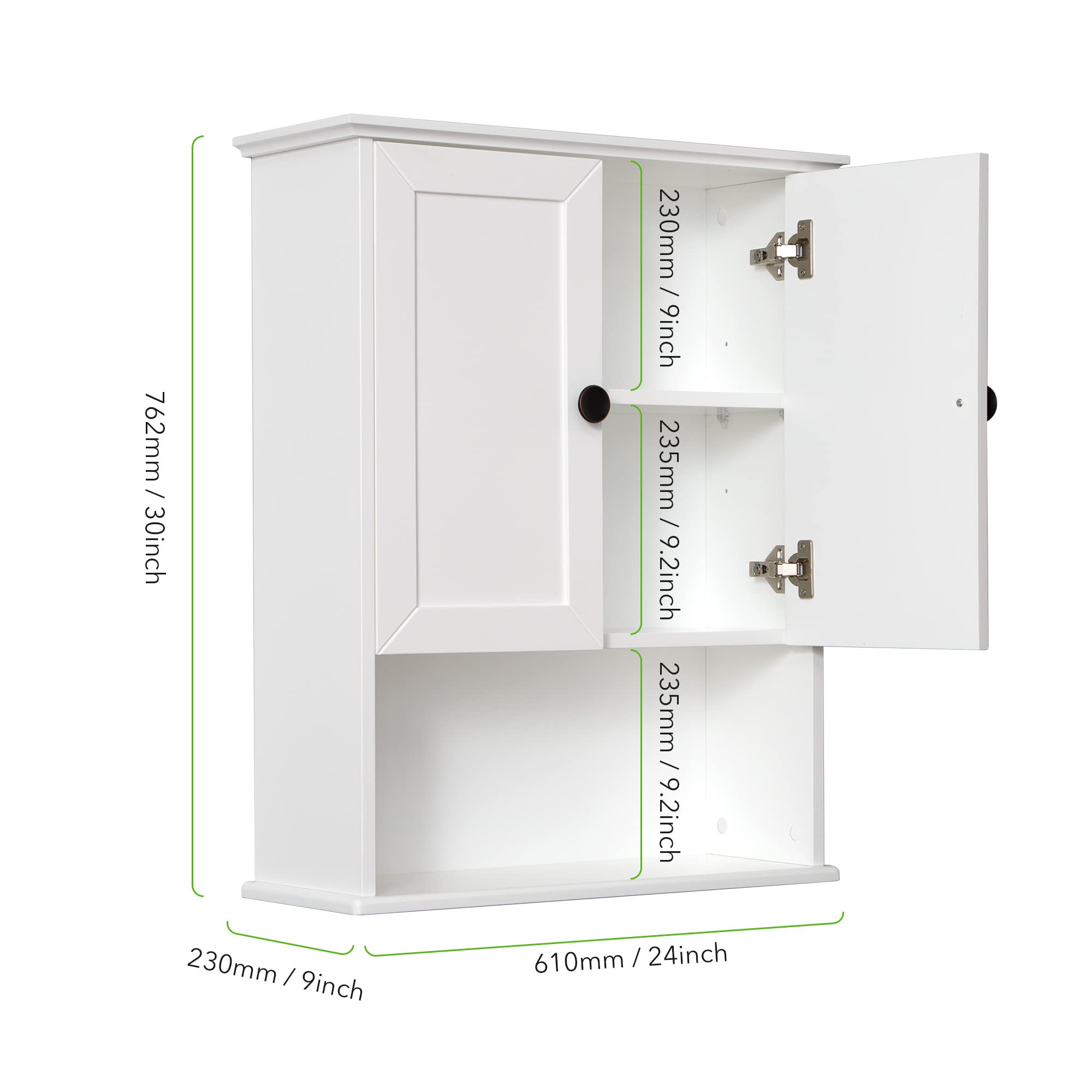 White Bathroom Wall Cabinet 24x30 Inch - Over Toilet Storage with Adjustable Shelf | 2-Door Wall Mounted Medicine Cabinet | Wooden Bathroom Organizer with Metal Handle & Soft Hinge | Perfect for Small Bathrooms, Powder Rooms & Apartment Storage Solutions