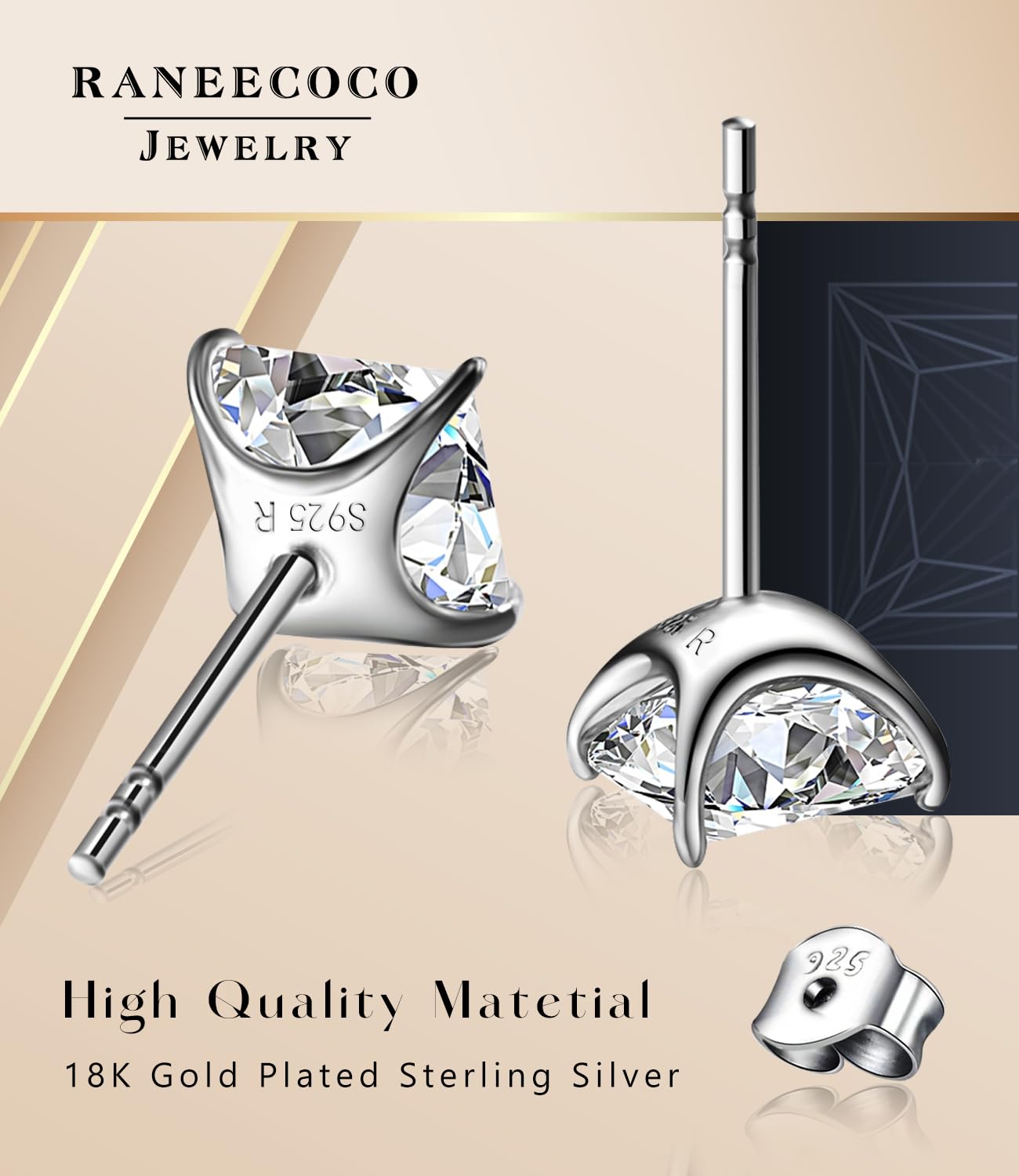 18K Gold Plated Sterling Silver Princess Cut Cubic Zirconia Stud Earrings for Men & Women - Elegant Flame Design for Parties, Weddings & Special Occasions