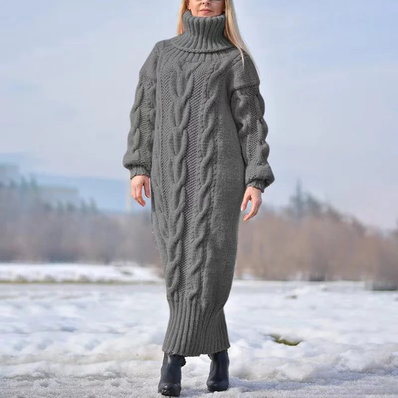 Women's Oversized Loose Knit Turtleneck Sweater Dress - Solid Color Long Pullover for Fall & Winter | Casual Office Wear, Layering Piece, Cozy Outfit