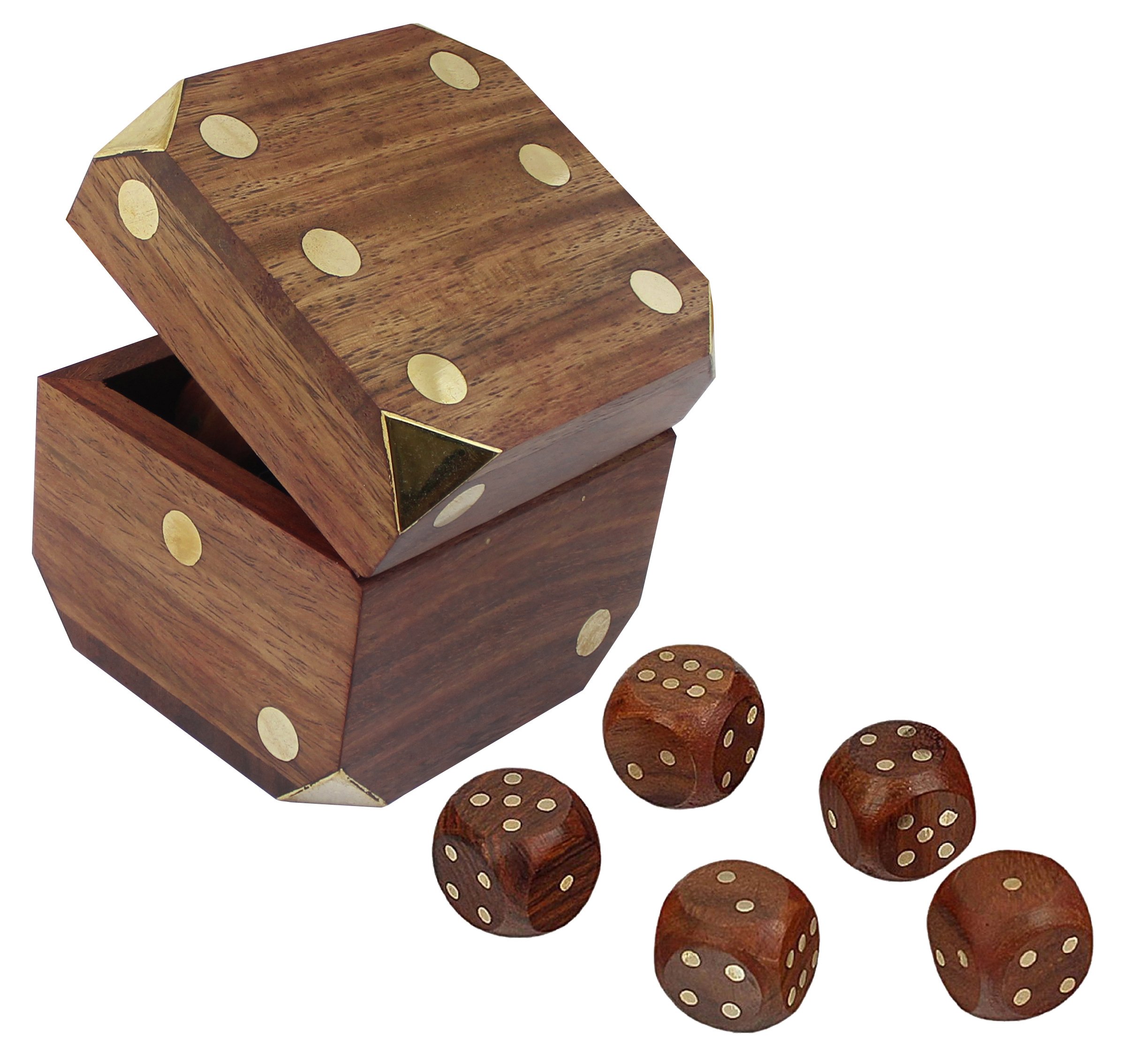 Indian Handcrafted Wooden Dice Box Set with 5 Dice - 3 Inches - Perfect for Board Games, Travel, and Home Decor