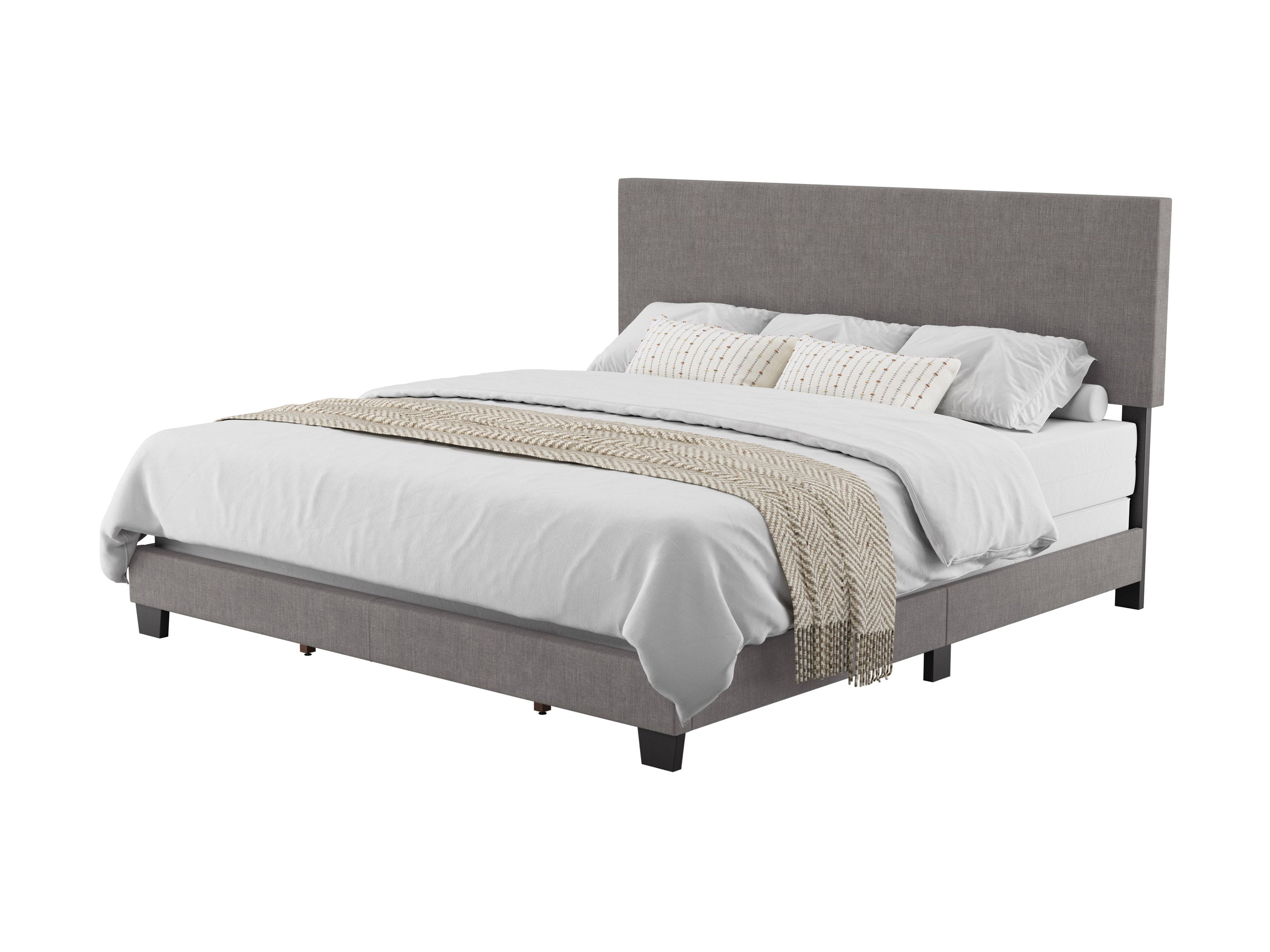 Modern Minimalist Upholstered King Size Bed Frame - Dark Gray Fabric Headboard - Luxury Bedroom Furniture for Master Suite & Guest Room