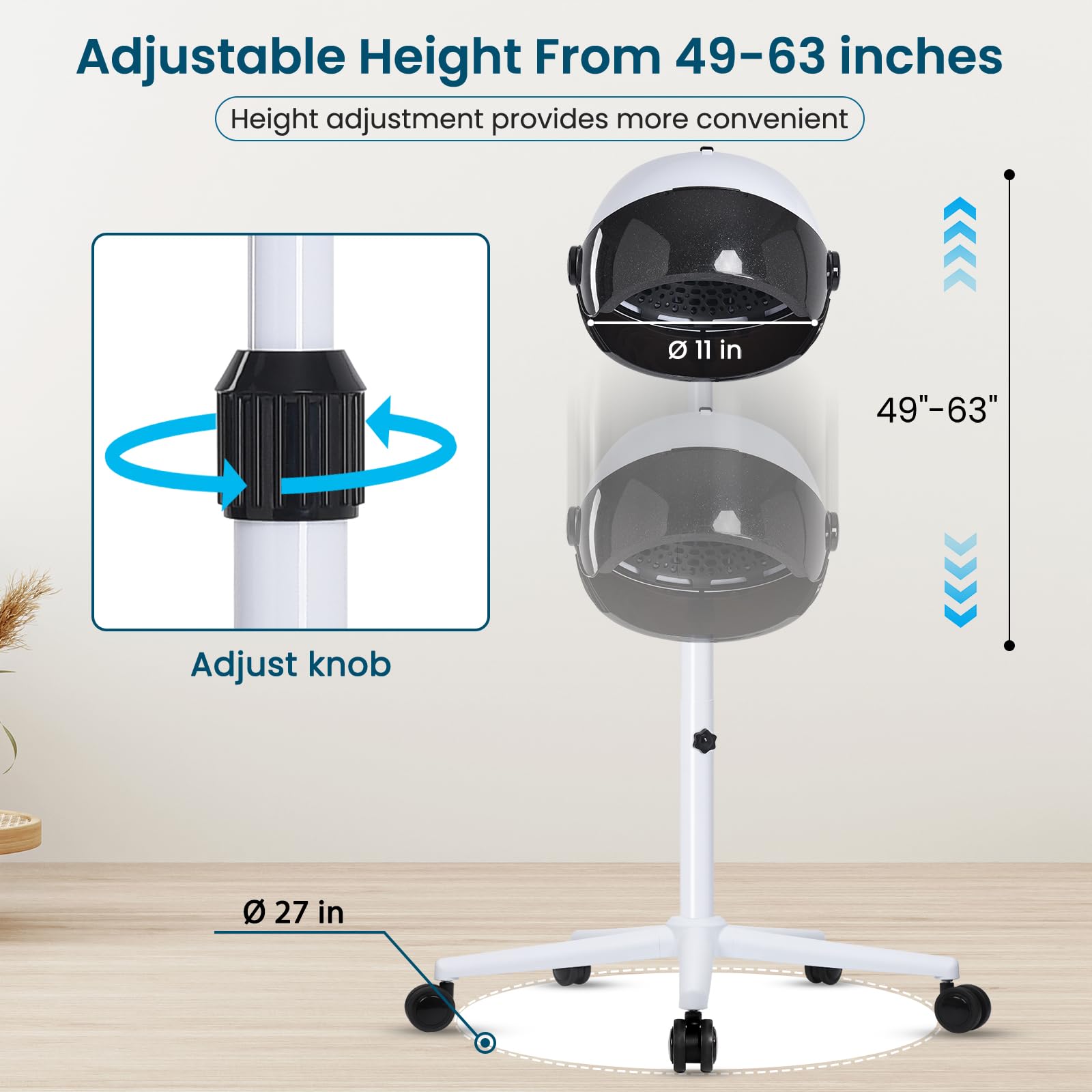 Professional Hooded Hair Dryer on Wheels - Adjustable Standing & Sit Under Hair Dryer for Salon & Home Use (Black/White) | Fast Drying for Curly, Permed & Natural Hair Styles