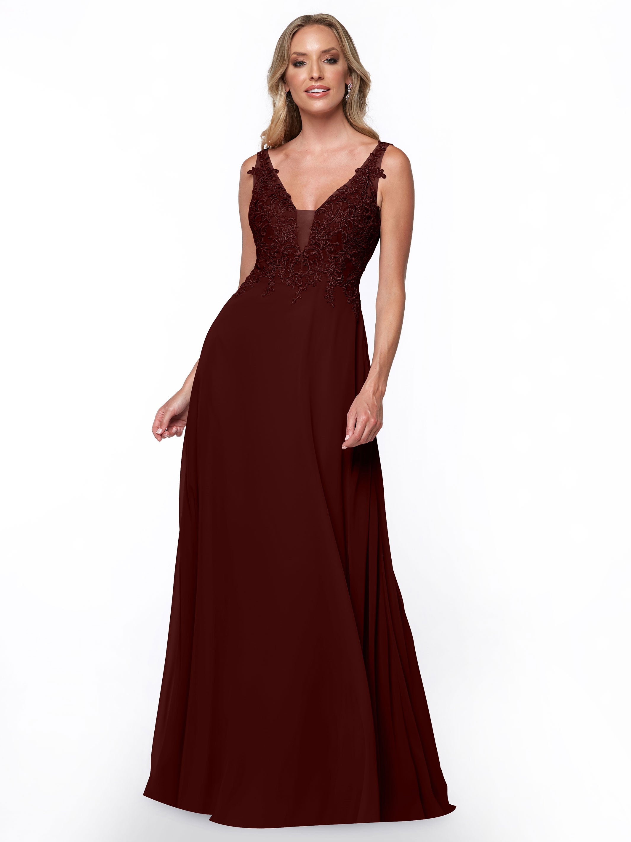 Elegant 80128 Plunging Lace and Chiffon A-Line Bridesmaid Dress for Weddings, Formal Events & Special Occasions