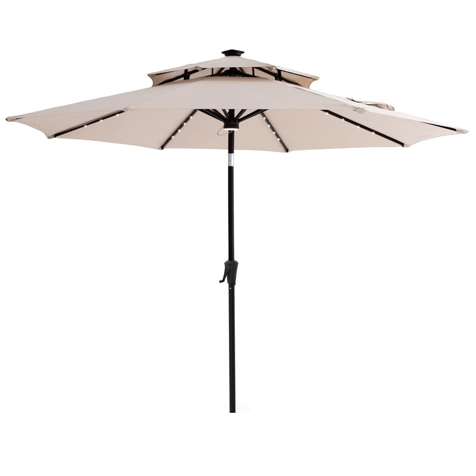 Helios&Hestia 9ft Solar Powered Patio Umbrella with LED Lights - Double Top Outdoor Market Umbrella with Tilt Function for Poolside, Garden, and Backyard Relaxation