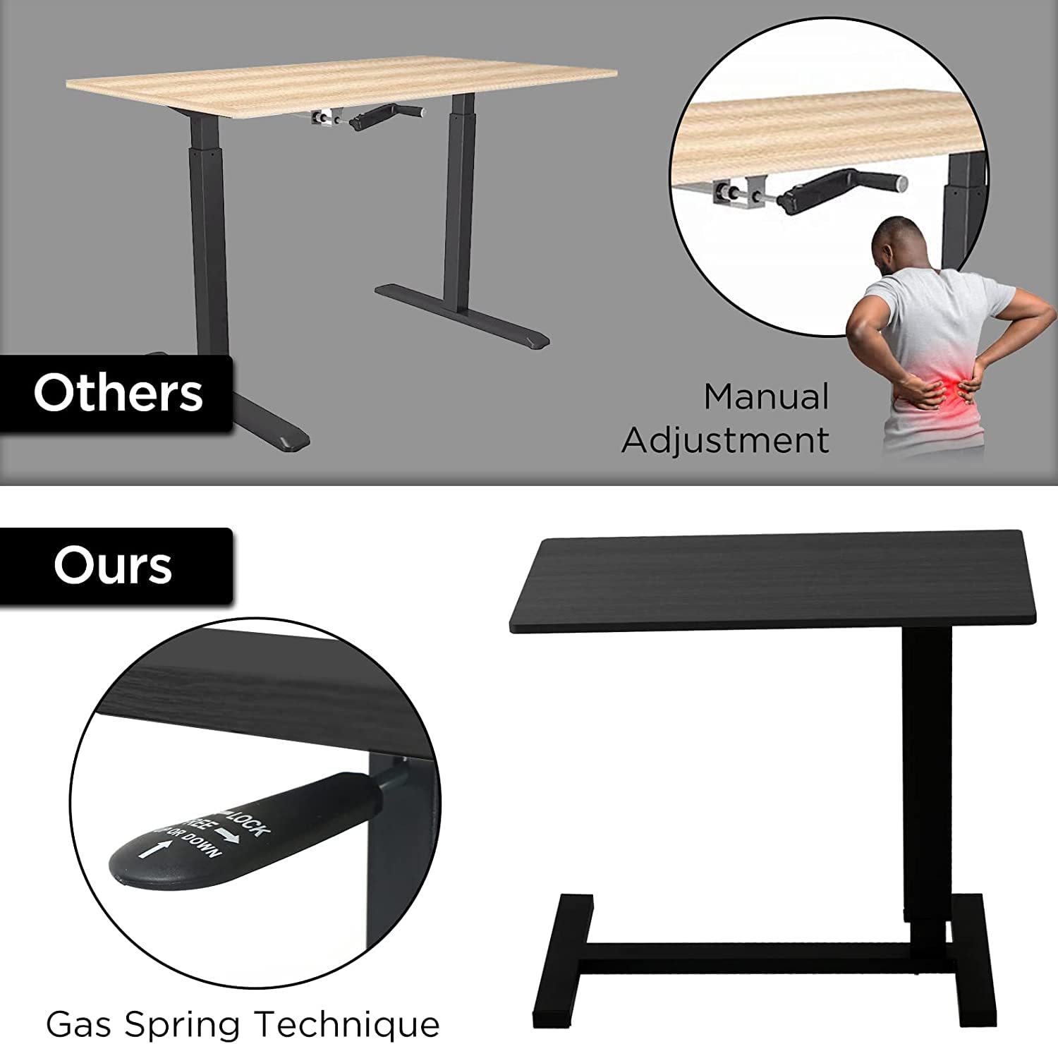 Adjustable Overbed Table with Wheels - Pneumatic Height Adjustable Hospital Bed Table, Multi-Purpose Laptop & Bedside Table for Home, Office & Patient Care - Perfect for Eating, Working & Reading in Bed