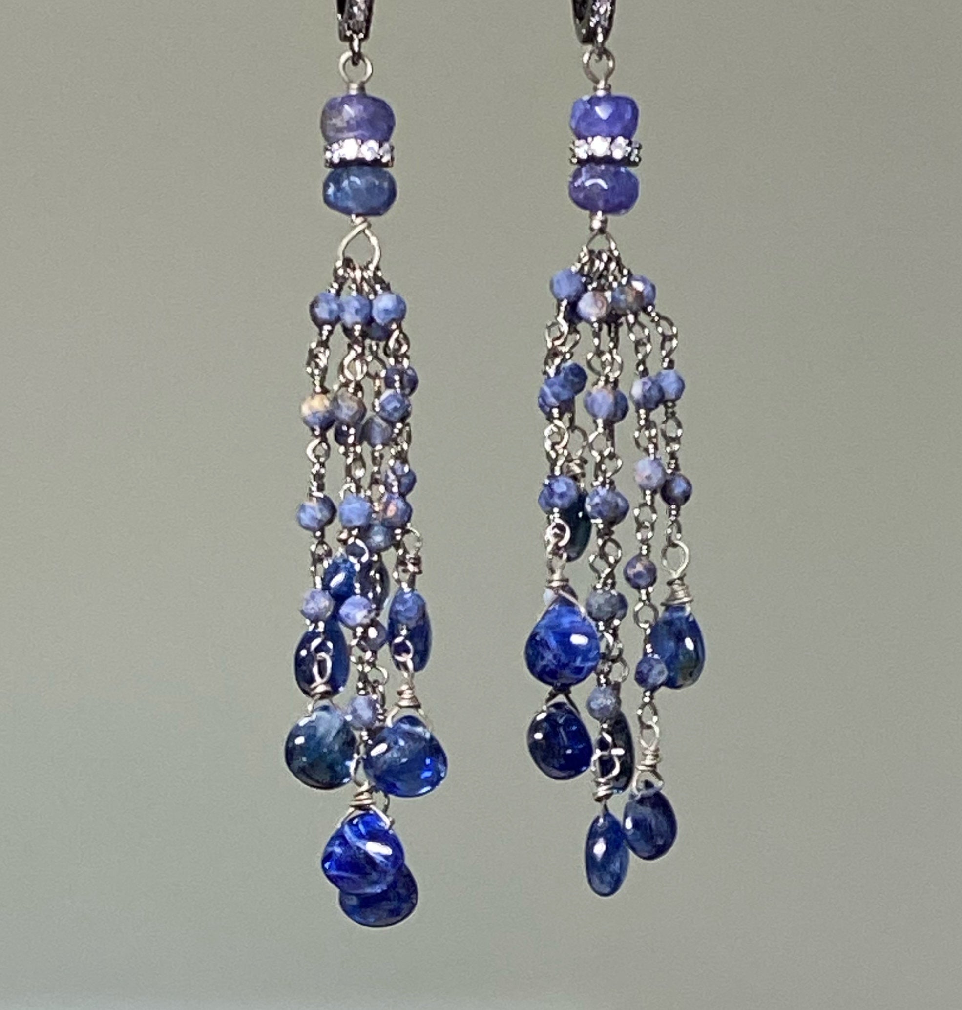 Blue Sapphire Kyanite Boho Tassel Earrings in Oxidized Sterling Silver - Handmade Bohemian Dangle Earrings for Women - Perfect for Festivals, Parties & Everyday Wear