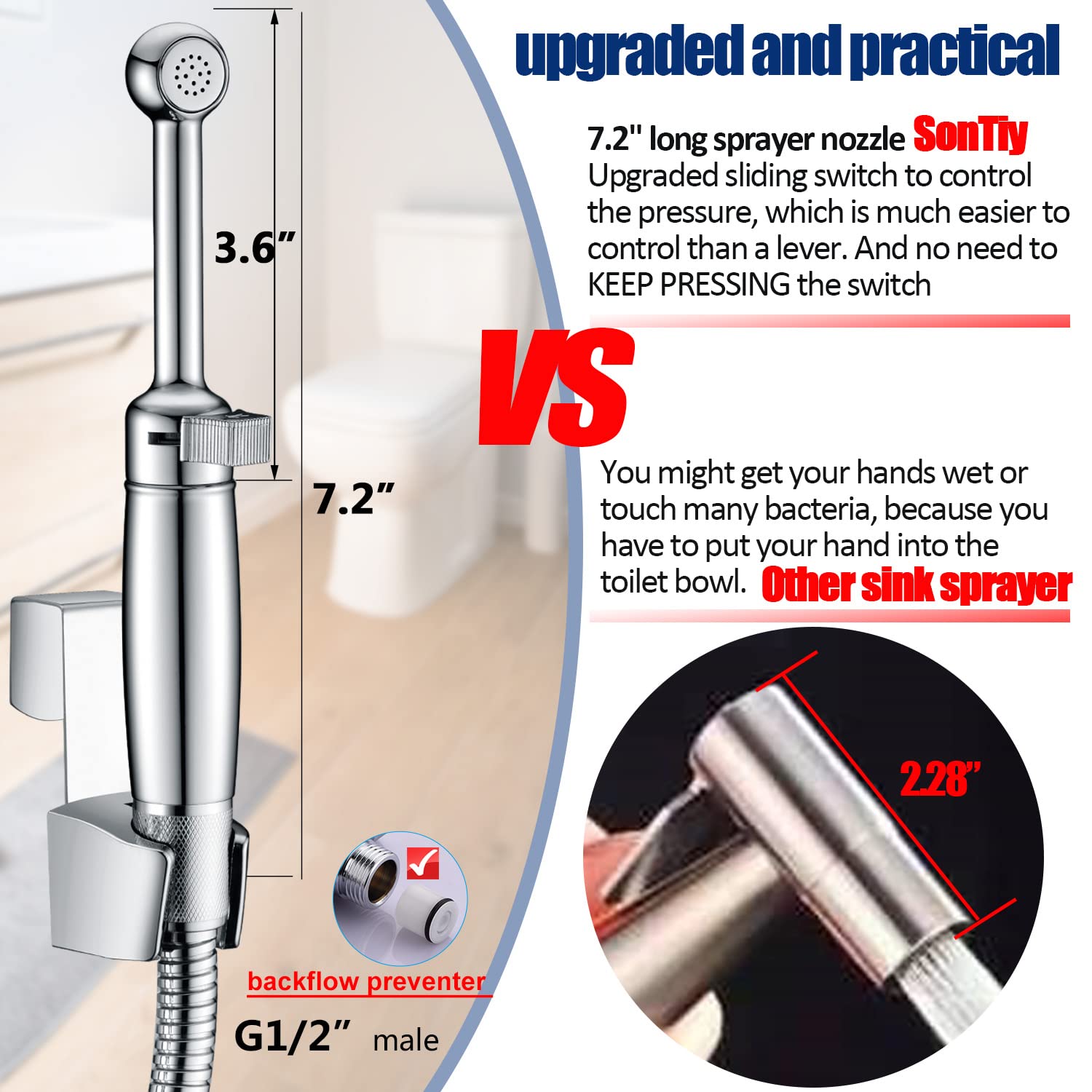 Brass Handheld Bidet Sprayer for Toilet - All Metal Diaper Sprayer with Backflow Preventer & Adjustable Water Jet - 7.2