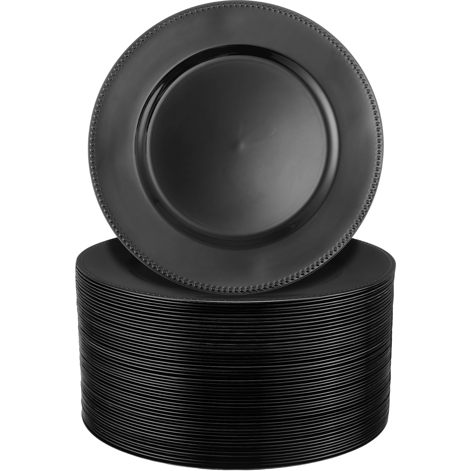 Dandat 50-Pack 13-Inch Plastic Round Charger Plates with Beaded Rim - Reusable Decorative Dinner Plates for Wedding, Party & Formal Events - Elegant Black Table Setting for Banquets, Catering & Home Dining